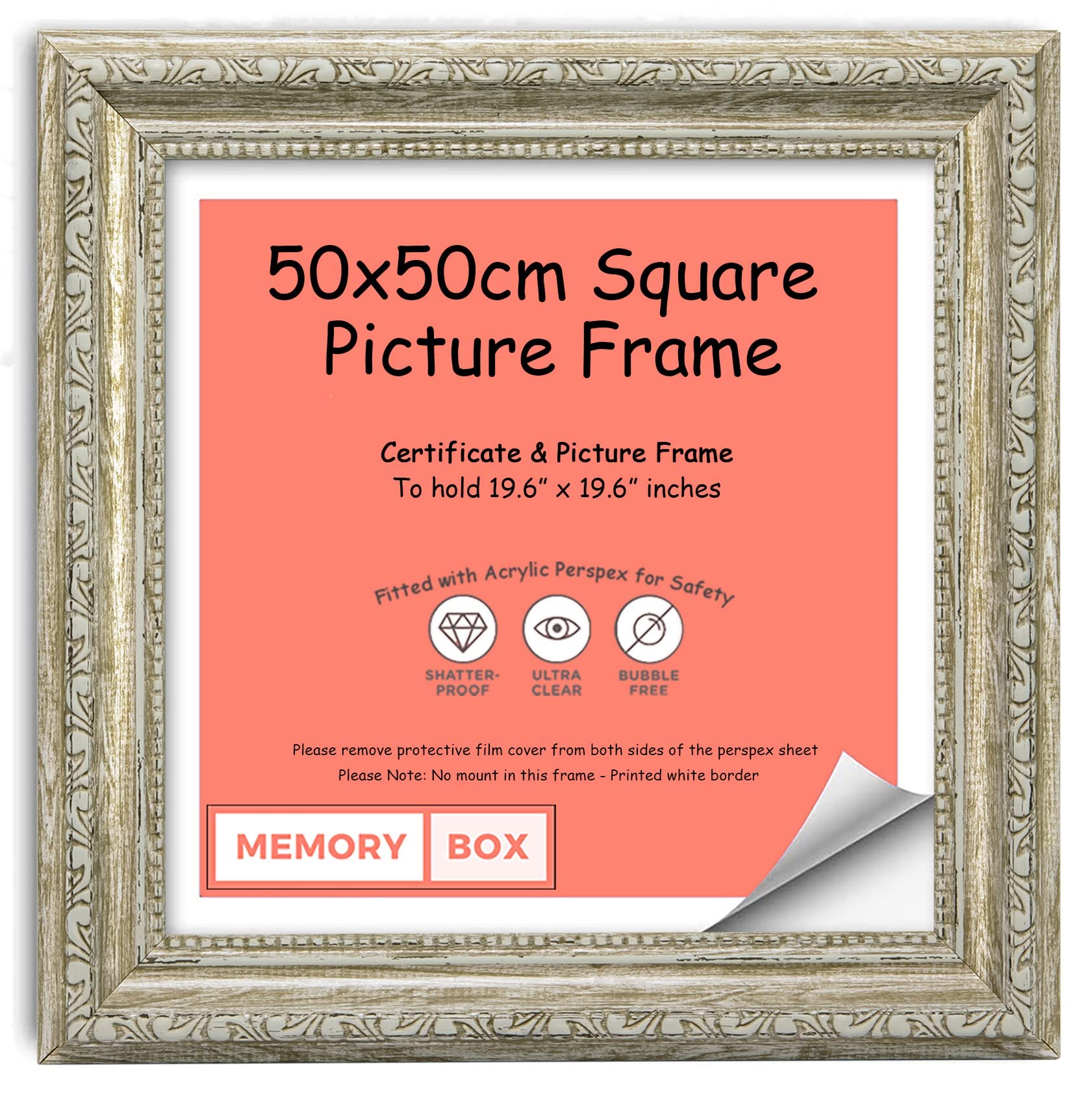 Memory Box Ornate Shabby Chic Picture/Photo/Poster frame with Perspex Sheet - (50 x 50cm) Walnut 19.6" x 19.6"