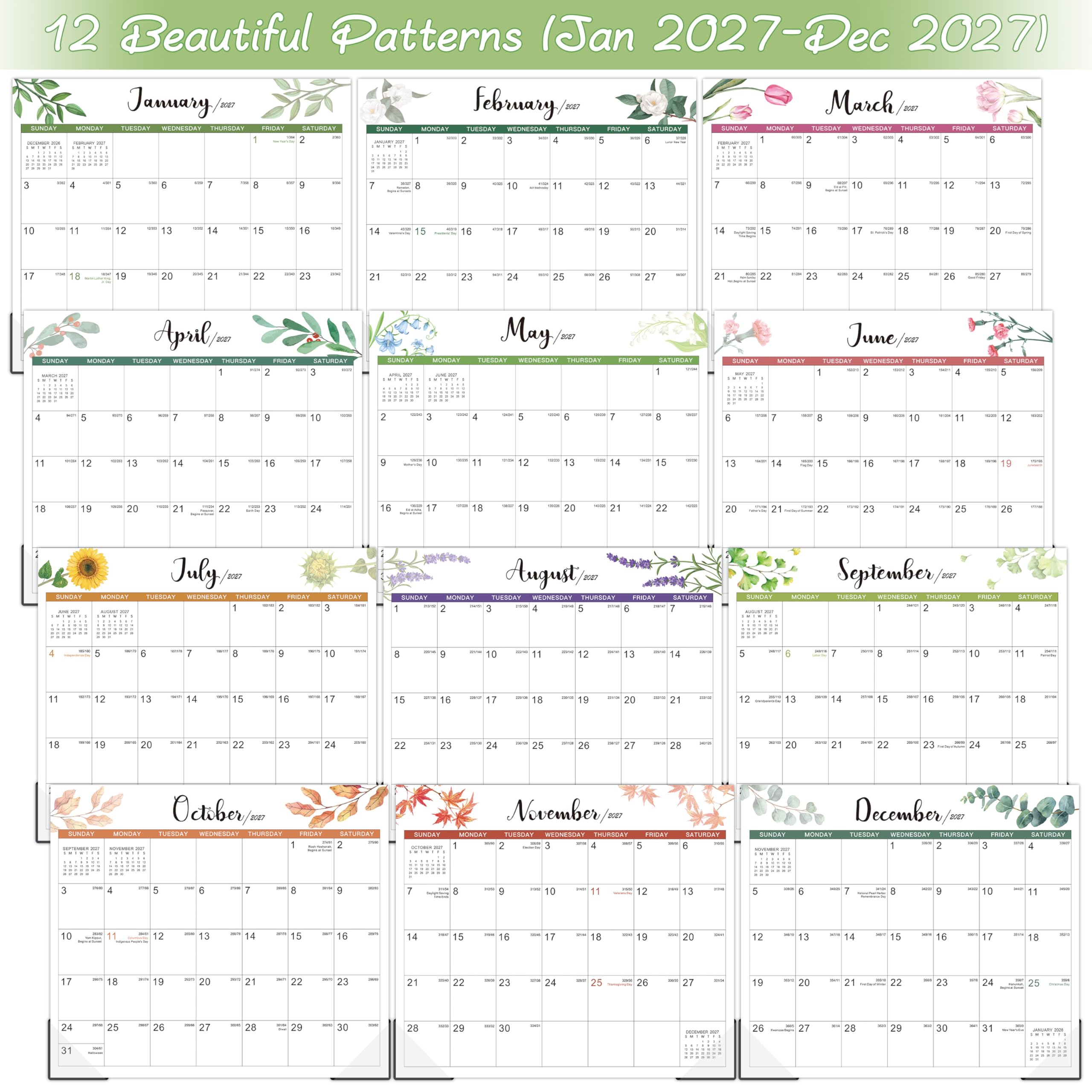 Magnetische Koelkastkalender 2026-2027 – Groen, Makkelijk Afscheuren, Groot Formaat 33x25,5 Cm Voor Thuis En Kantoor