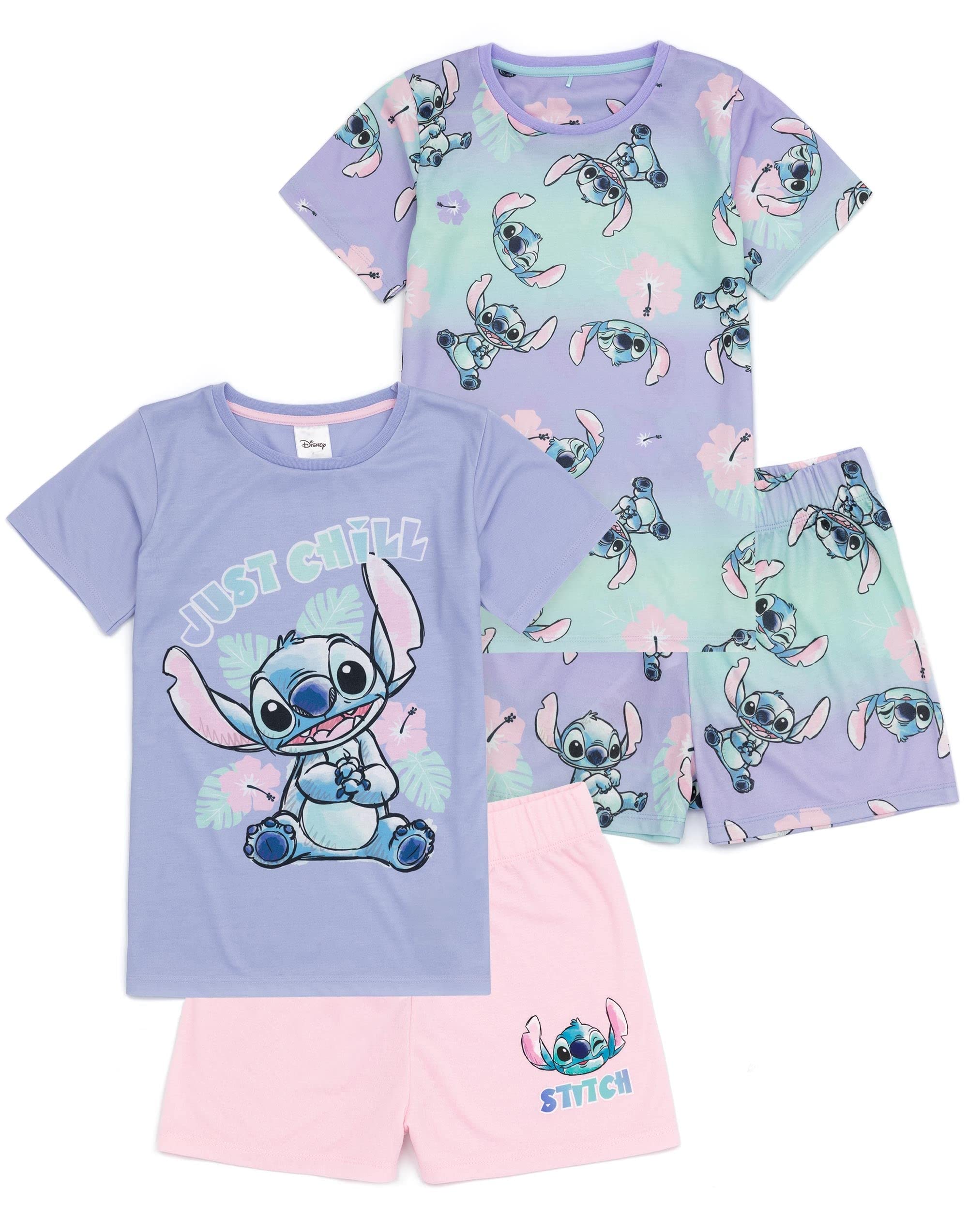 DisneyLilo And Stitch Girls Pyjama Set | 2 Pack Short Sleeve T-Shirt with Shorts PJs For Kids | Multicoloured Just Chill Alien All Over Print Graphic Movie Sleepwear Gift for Children