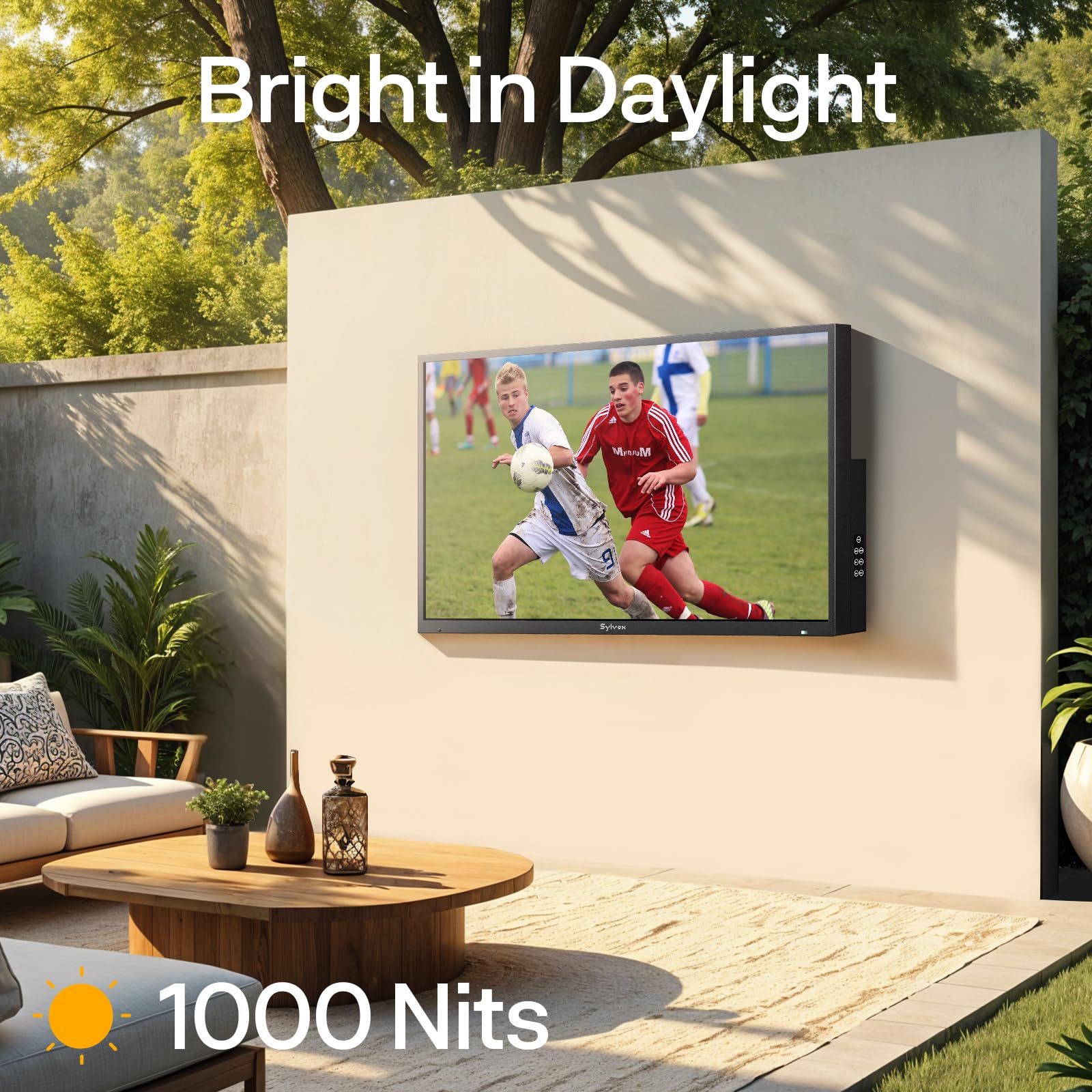 SYLVOX 65-Calowy Telewizor zewnętrzny, 4K UHD QLED 1000 nitów, Smart Google TV IP55 wodoodporny, HDMI, DVB-T2/S2/C, USB, WiFi, Asystent Google, Outdoor TV do Basenu, Ogrodu, Tarasu (Deck Pro 2.0 QLED)