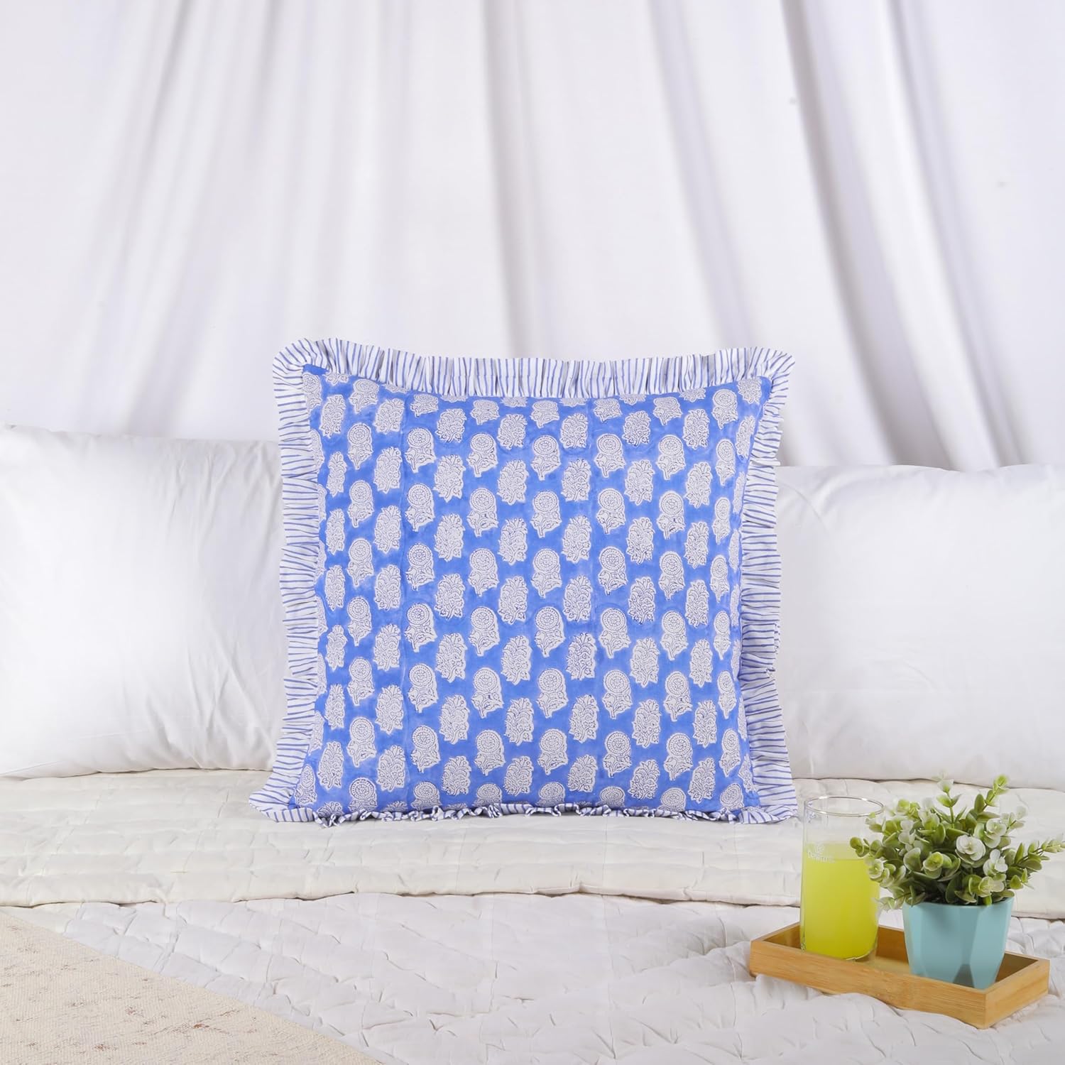 Trade Star Set of 2 Handmade Reversible Farmhouse PiIlow Covers Throw Cushion Covers Premium Quality Modern Decorative Soft Cotton Ruffle Pillowcase Hand Block Print 18x18 Case