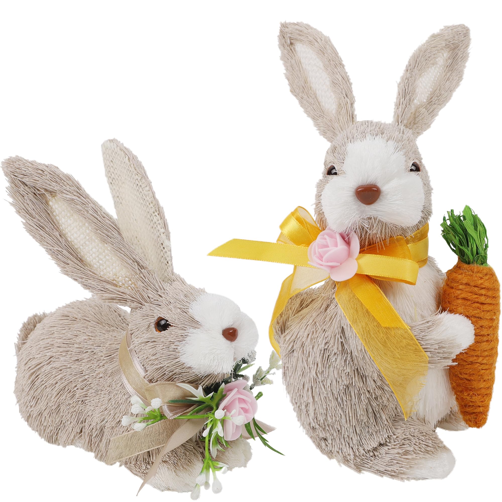 DR.DUDU Set of 2 Easter Bunny Decorations, Straw Bunny Figurines with Carrot, Easter Rabbit with Ribbon Floral Decoration, Sisal Bunny Statues Spring Tabletop Decor for Home Kitchen Office Farmhouse