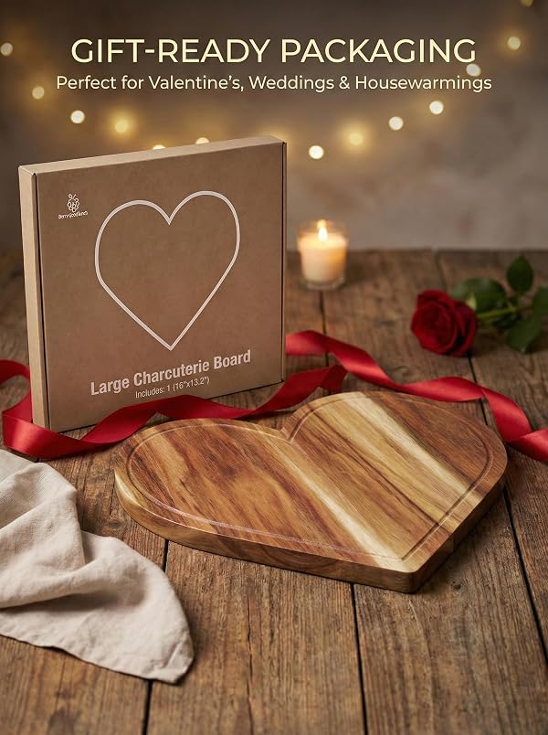 Heart Charcuterie Board 16 x 13.2 Inches - Acacia Wood Cutting Board, Heart Shaped Serving Tray - Mother’s Day Gifts for Mom, Wife, Grandma, Birthday Gifts for Mother & Grandmother by BERRY GOOD LUNCH - Used condition - Image 6