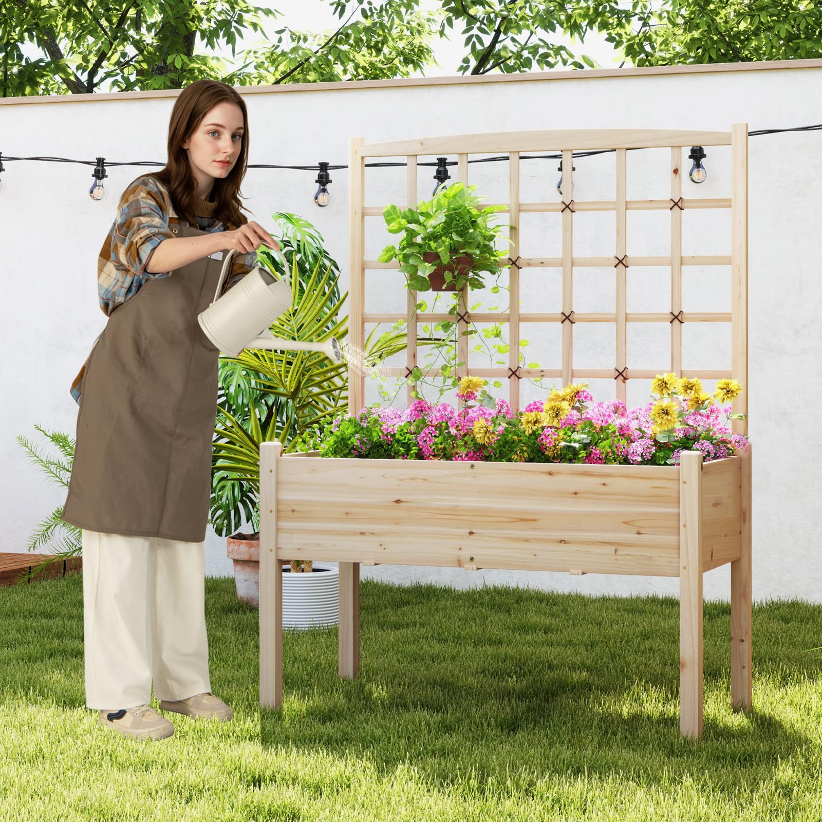 COSTWAY Huerto Urbano Elevado de Madera con Enrejado, Agujeros de Drenaje, Caja de Plantas Elevada de Madera con Piernas para Enredaderas, Flores, Hierbas, Verduras, Maceta para Patio y Balcón