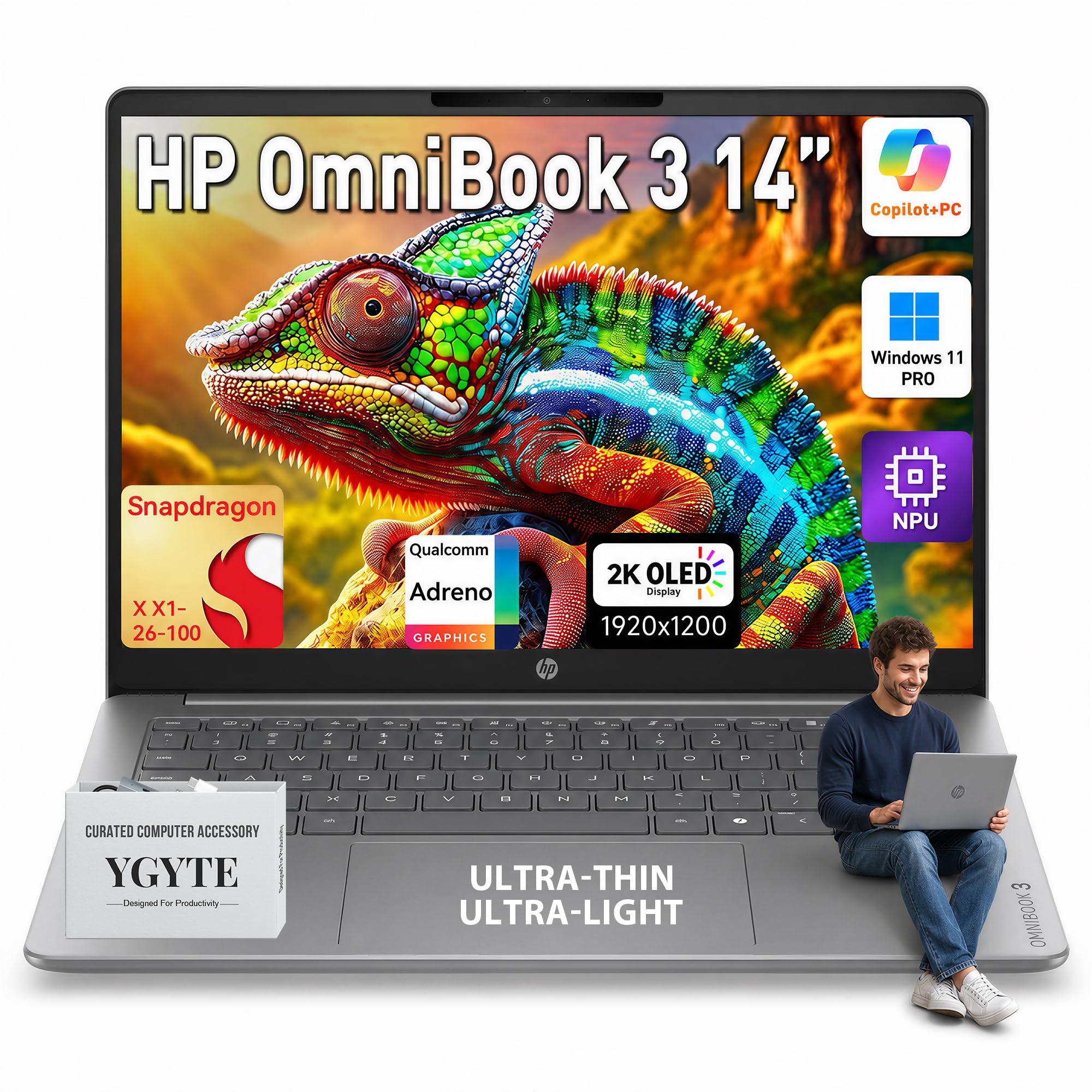 HP OmniBook 3 14" 2K OLED Laptop AI PC, Snapdragon X, 16GB DDR5 2TB SSD