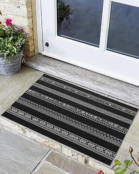Front Back Door Mat Non-Slip Absorbent Entrance Mat Durable Floor Mat Washable Hand-Painted Artistic Ethnic Style Lines Black Doormat Indoor Outdoor Low Profile Mats for Entryway, 18x30 Inch