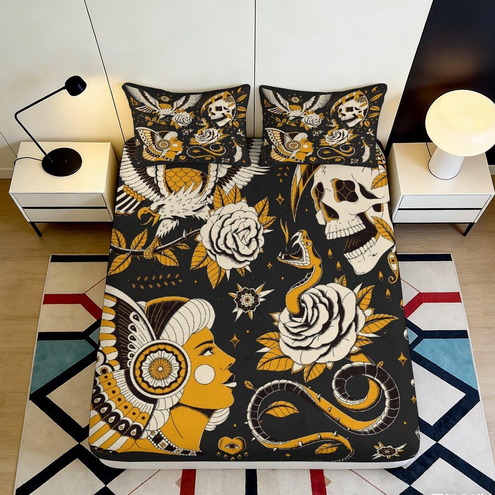 Pnayamiorkfel Style-3 3D Printed Tattoo Art Fitted Sheet Microfiber Soft Snake Skull Rose Mattress Cover Bedroom Decor 90X200x25cm