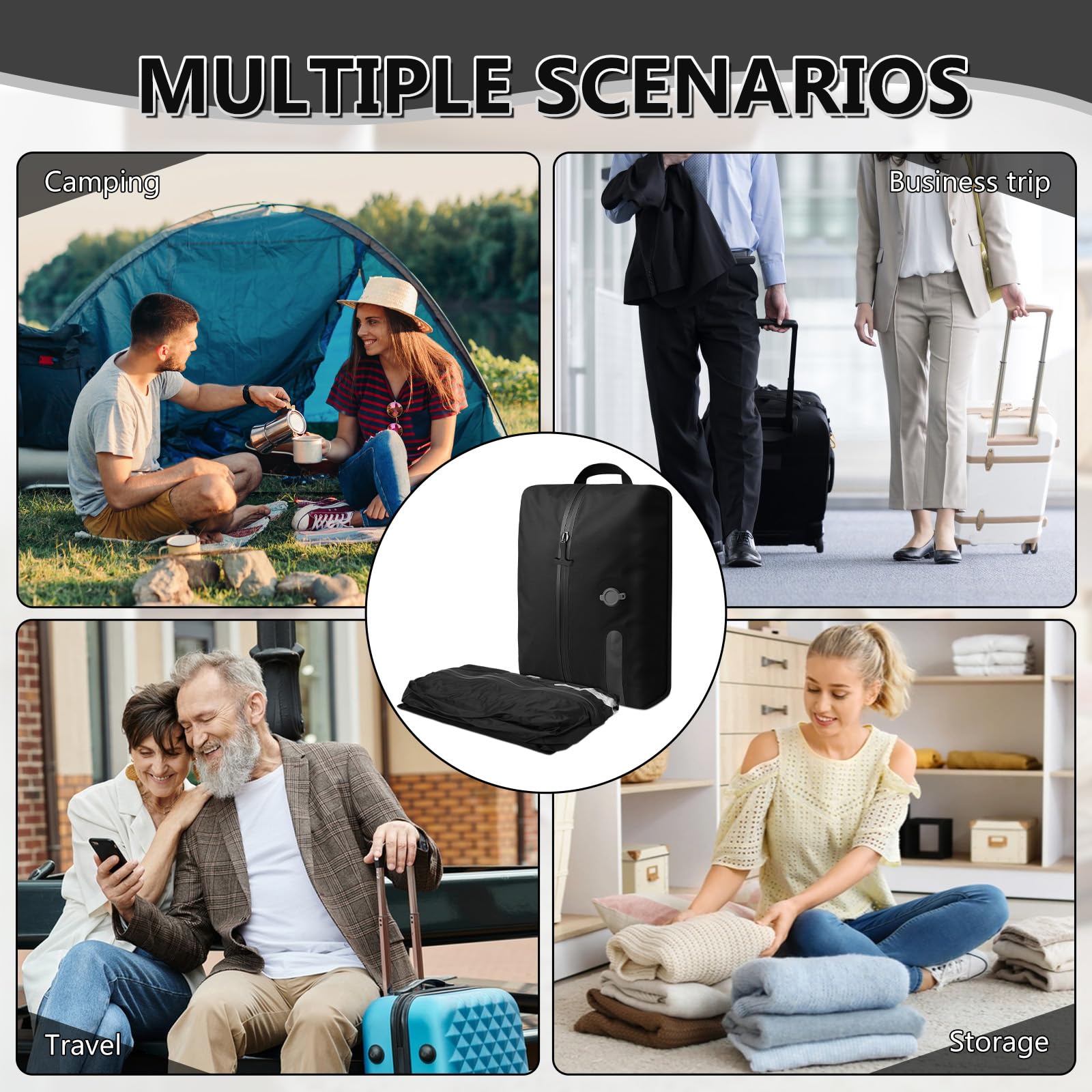 WingFly Bolsa al vacío para ropa de viaje con bomba inalámbrica, IP67 bolsa de compresión reutilizable para maleta y mochila, ahorra espacio, ligera y duradera (negro, 2 piezas + bomba)