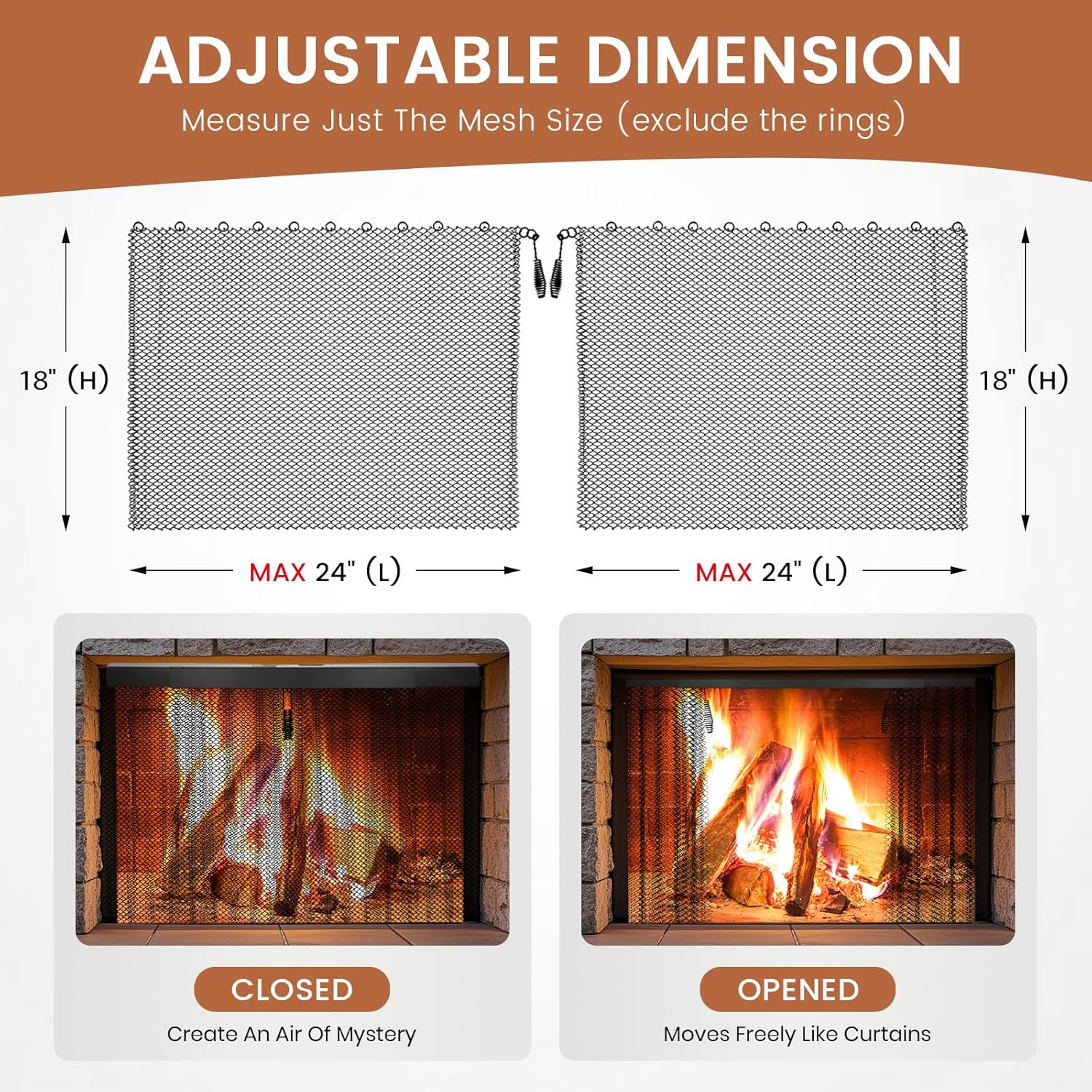 Fireplace Screen Mesh -18x24 Inch Fireplace Mesh Cuntain for Fire Stove Spark Guard, Hearth Metal Replacement Hanging Curtain (2 Pcs)