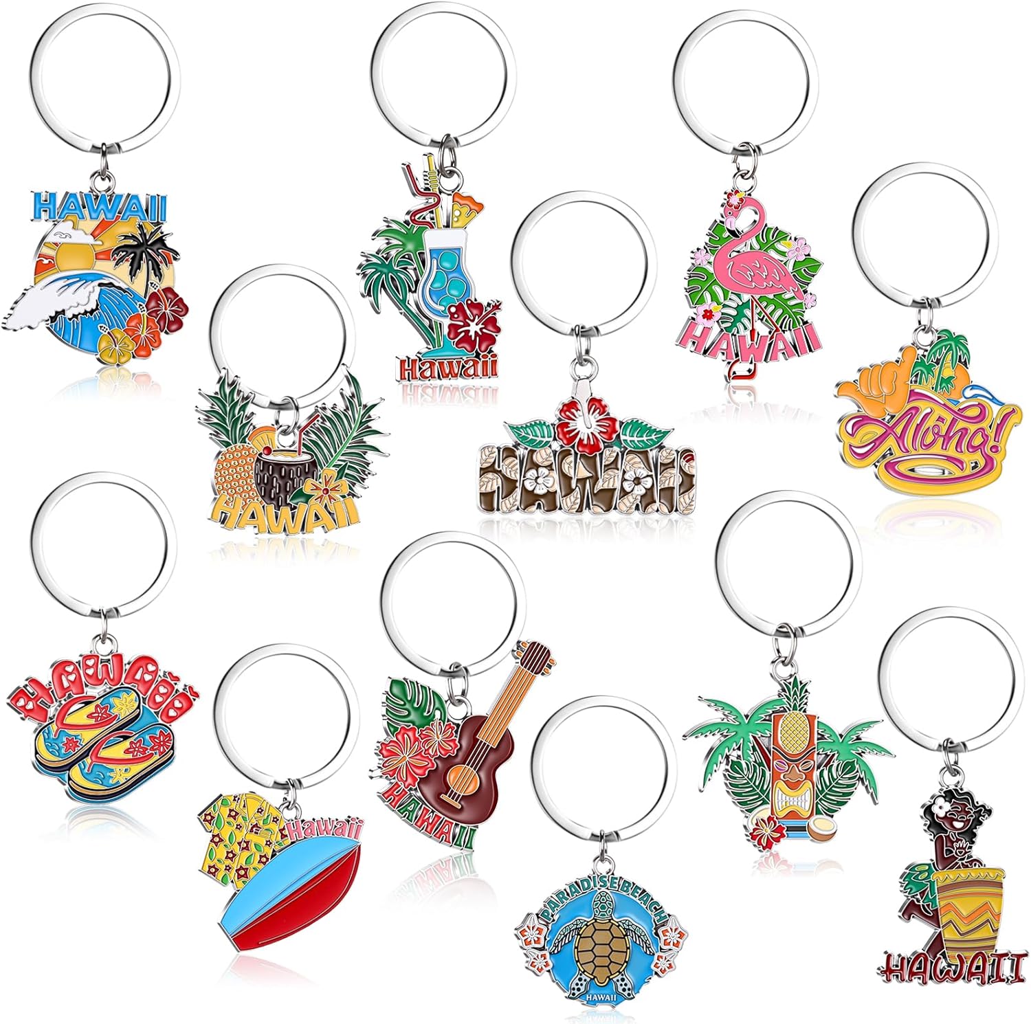 Landical 12 Pcs Hawaii Keychains Luau Party Souvenirs Keyrings Gifts Summer Beach Tropical Aloha Holiday Party Favors Pineapple Flamingo Surfboard Key Chain for Women Men