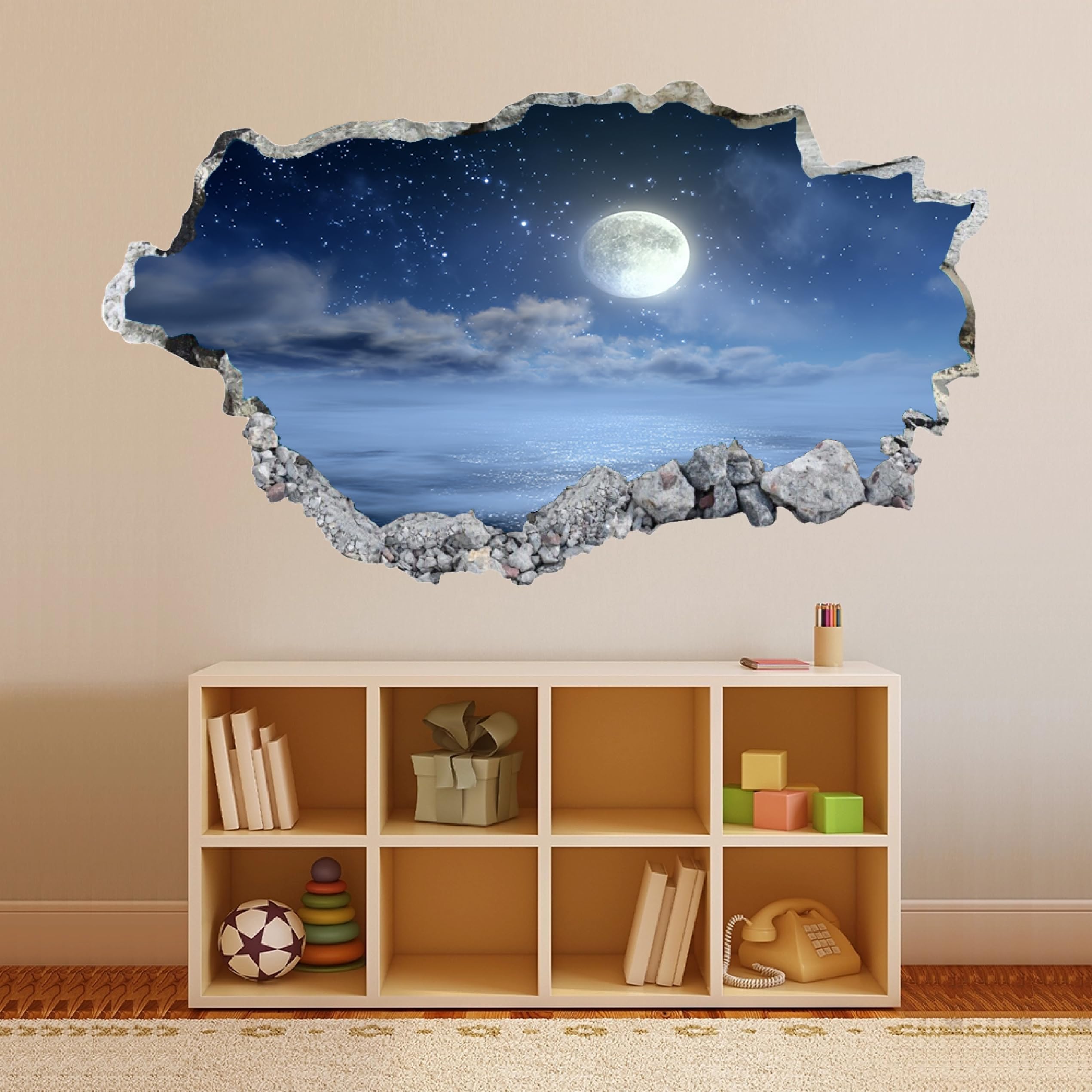 Calcomanía rota 3D Mar De Luna Adhesivo para despegar y pegar, Tatuaje de pared Dormitorio Guardería Habitación Decoración Mural Decoración para el hogar 70x122cm