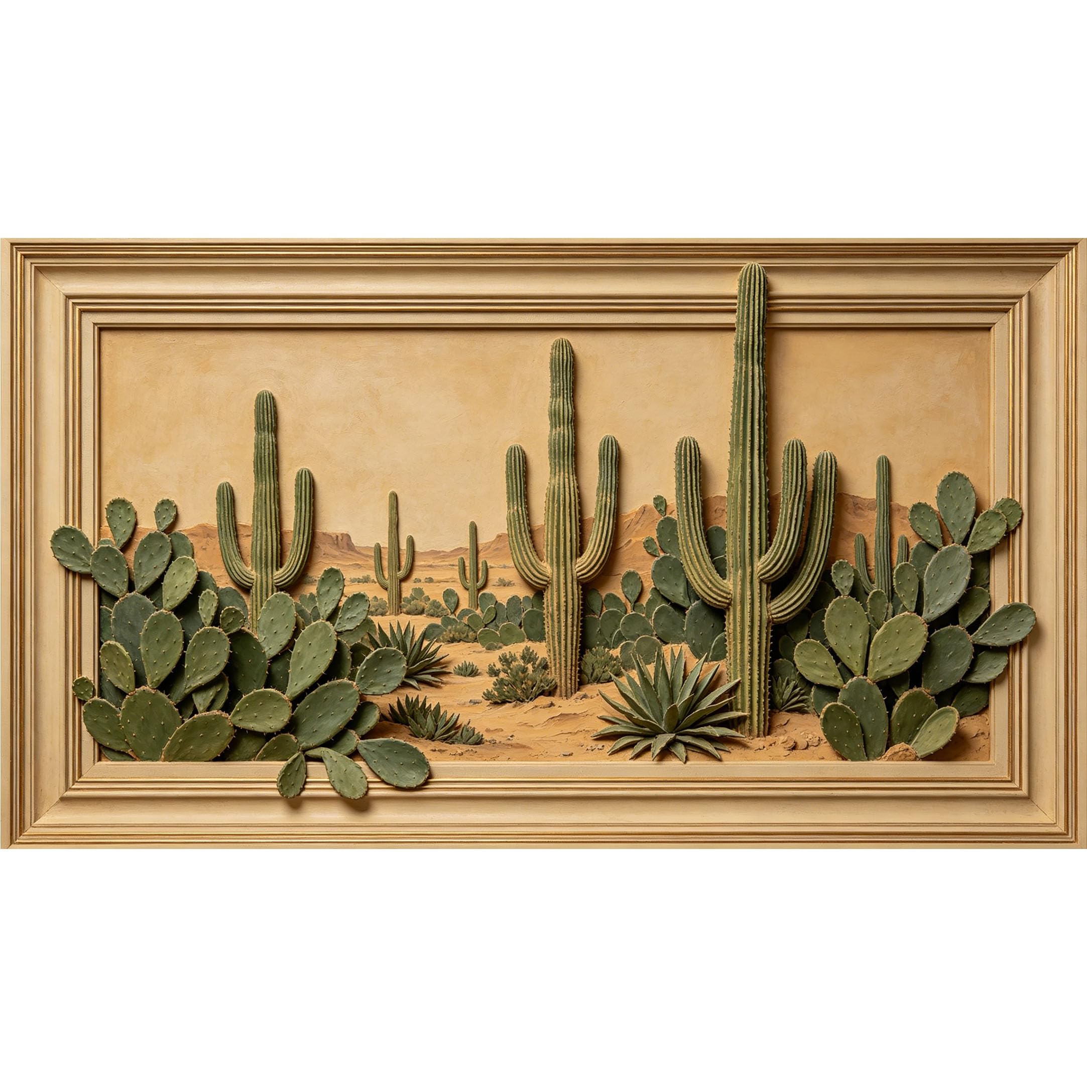 QZLITHOTIC 50x90cm3D Framed Wall Art， Desert Cactus Landscape Botanical Self‑Adhesive Mural， Water‑Activated Peel & Stick Fabric Decor Wall Decal for Bedroom Living Room