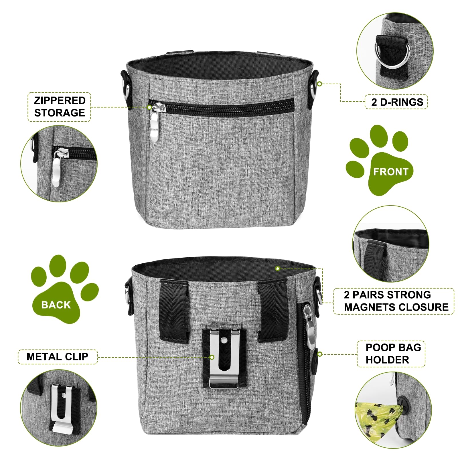 Dog Treat Pouch with Magnetic Closure - 3 Ways to Wear Dog Training Treat Bag with Waist Belt, Shoulder Strap & Metal Clip, Built-in Poop Bag Dispenser, Hands-Free Dog Training Treat Pouch - image 3