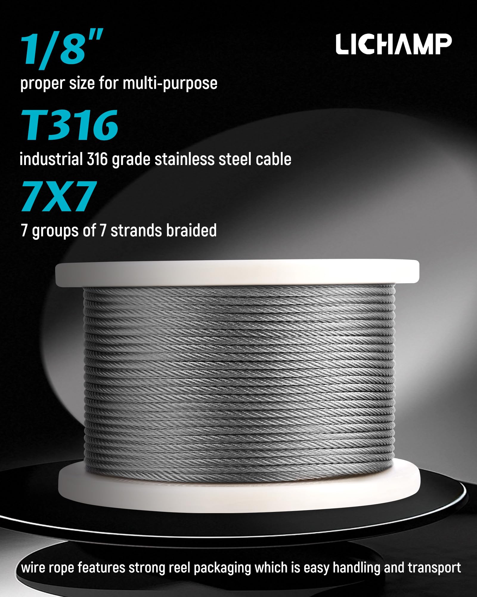 Lichamp 1/8 cable de cuerda de alambre de acero inoxidable, 350FT aviones 316 SS trenzado alambre de acero fino cable de metal para barandilla de cubierta sistema de seguridad