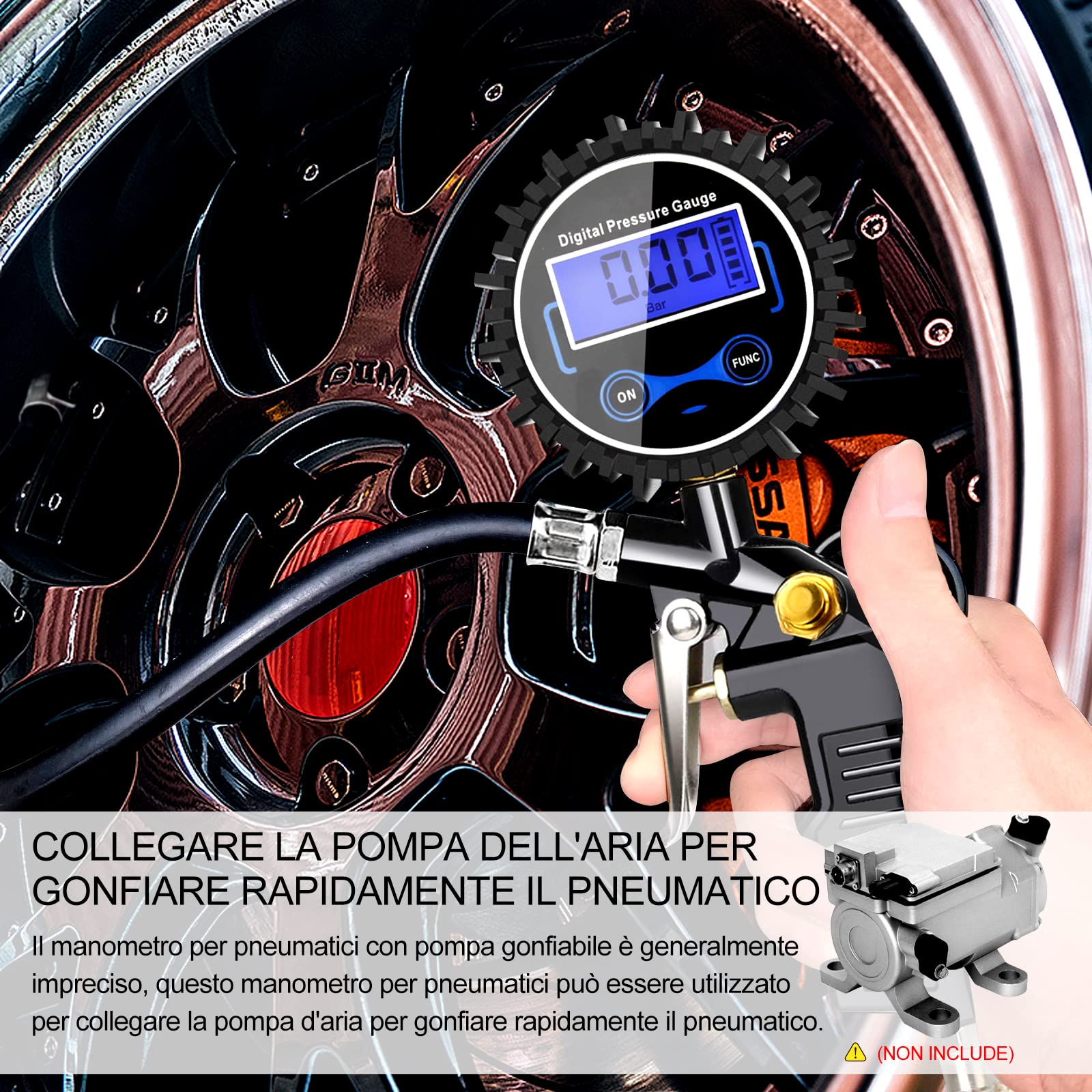 Anykuu 3 in 1 Manometro Pressione Gomme 220PSI Digitale con Display LCD e 4 Unità di Misura Alta Precisione per Auto Moto Biciclette SUV Camion