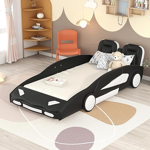 Woanke Cama de plataforma de tamaño individual cama de plataforma en forma de auto de carreras con ruedas marco de cama de plataforma de madera para