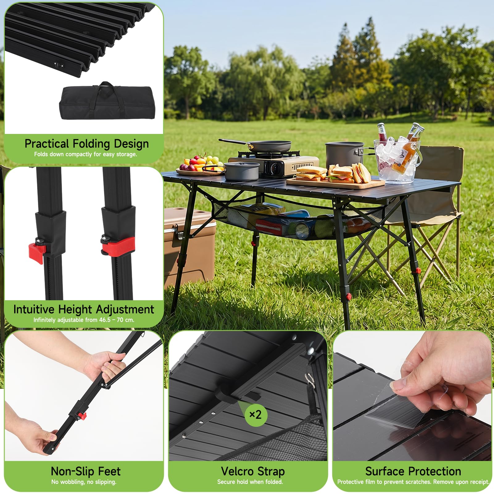 HAUSPROFI Table de camping pliable avec cadre en aluminium - Plateau de table enroulable - Réglable en hauteur - 120 x 70 cm - Jusqu'à 100 kg - Avec sac de transport avec sangle de transport et sac en