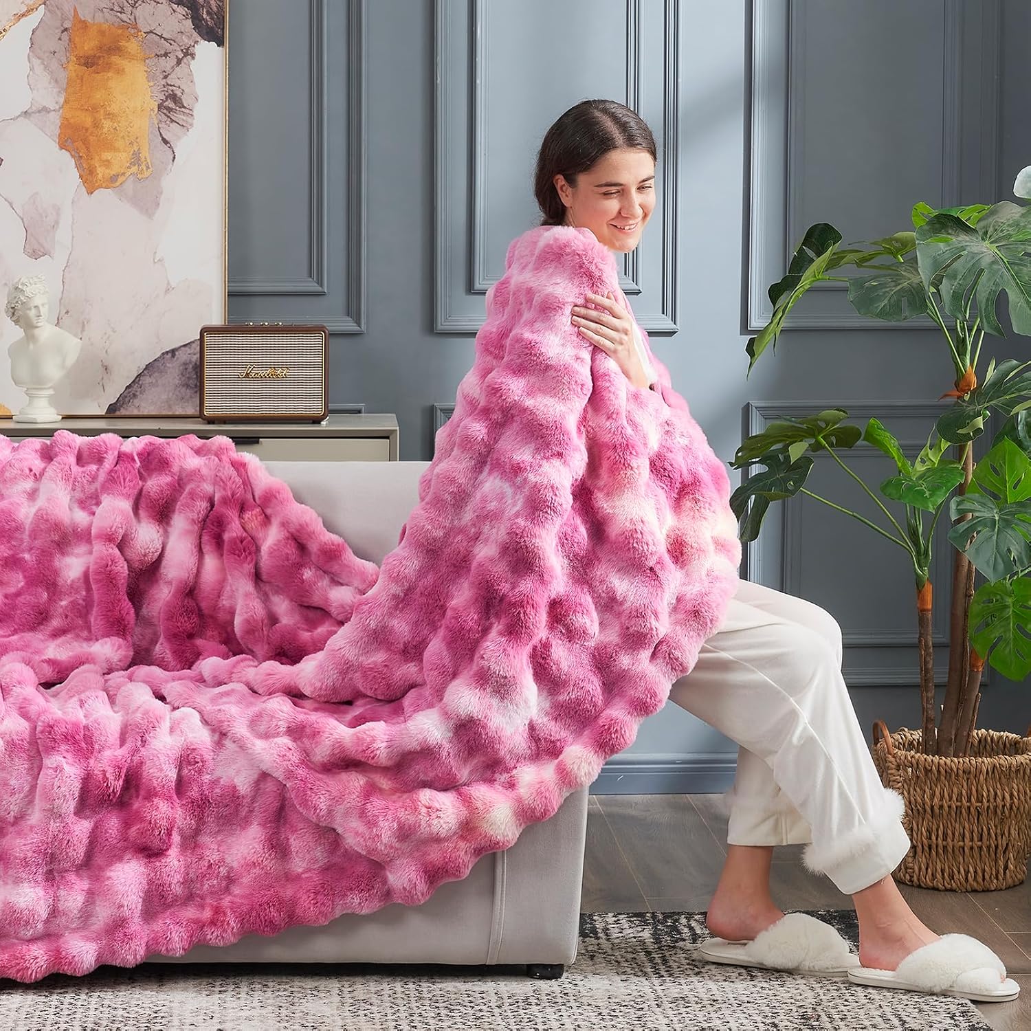 Cozy Bliss Faux Fur Throw Blanket for Couch, Fuzzy Soft Plush Thick Bubble Blanket for Sofa Bedroom Living Room, 50 * 60 Inches Tie Dye Pink - Image 4