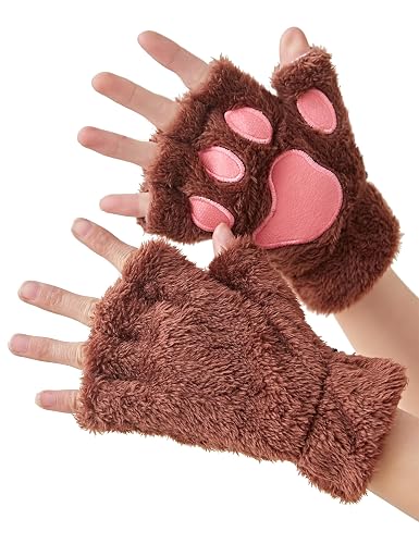 OTPEH Cat Paws Gloves Fingerless Bear Furry Paw Cute Hand Gear Cosplay Costume Accessories - One Size - Brown