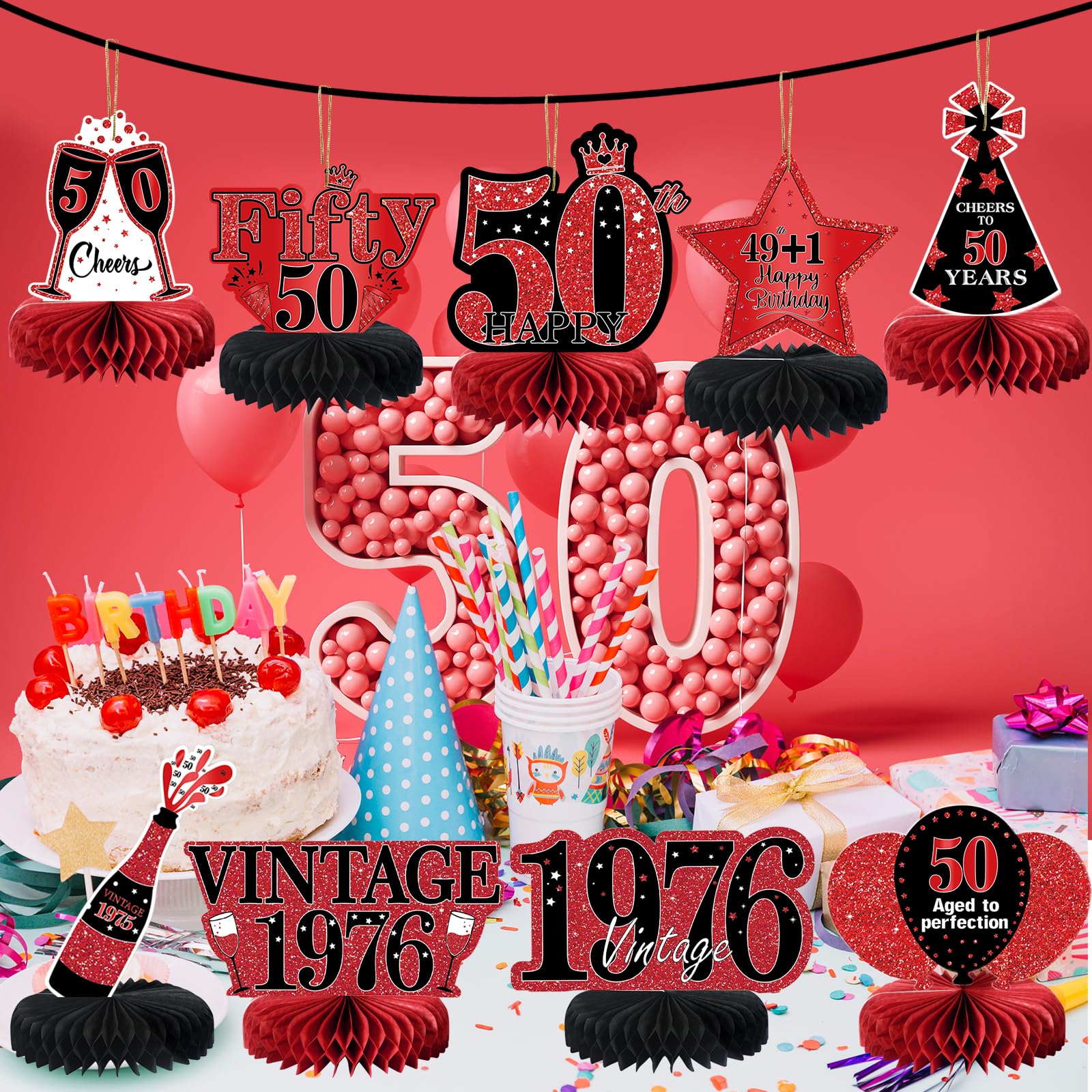 9 szt. dekoracje na 50. urodziny czerwone i czarne dekoracje na przyjęcie na 50. urodziny dla kobiet, Happy 50 Years Birthday Vintage 1973 postarzane elementy o strukturze plastra miodu znak na stół