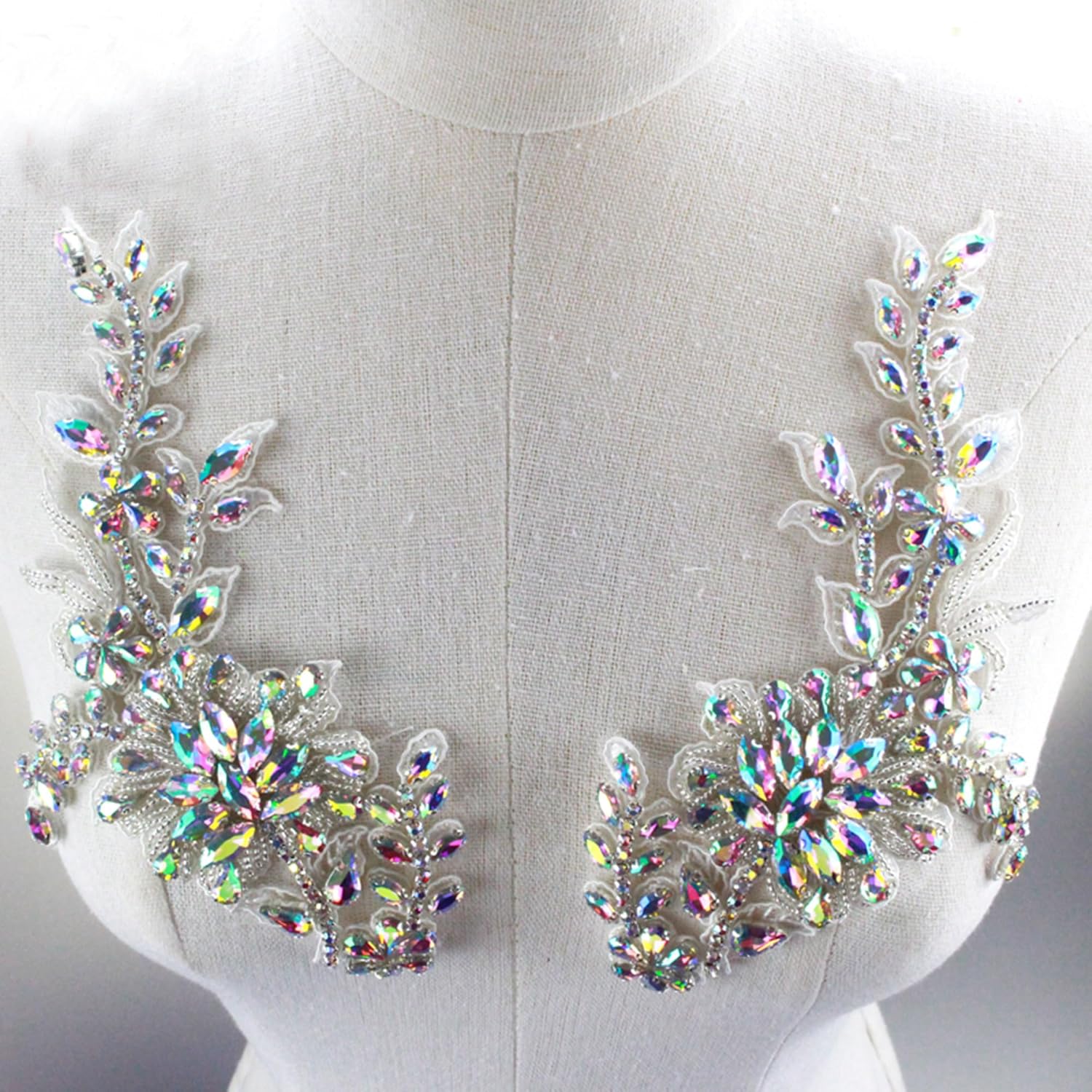 Sparkling Rhinestone Applique Diamante Lace Patch Sewing on Bridal Wedding Ball Girl Dress Gown 1 Pair