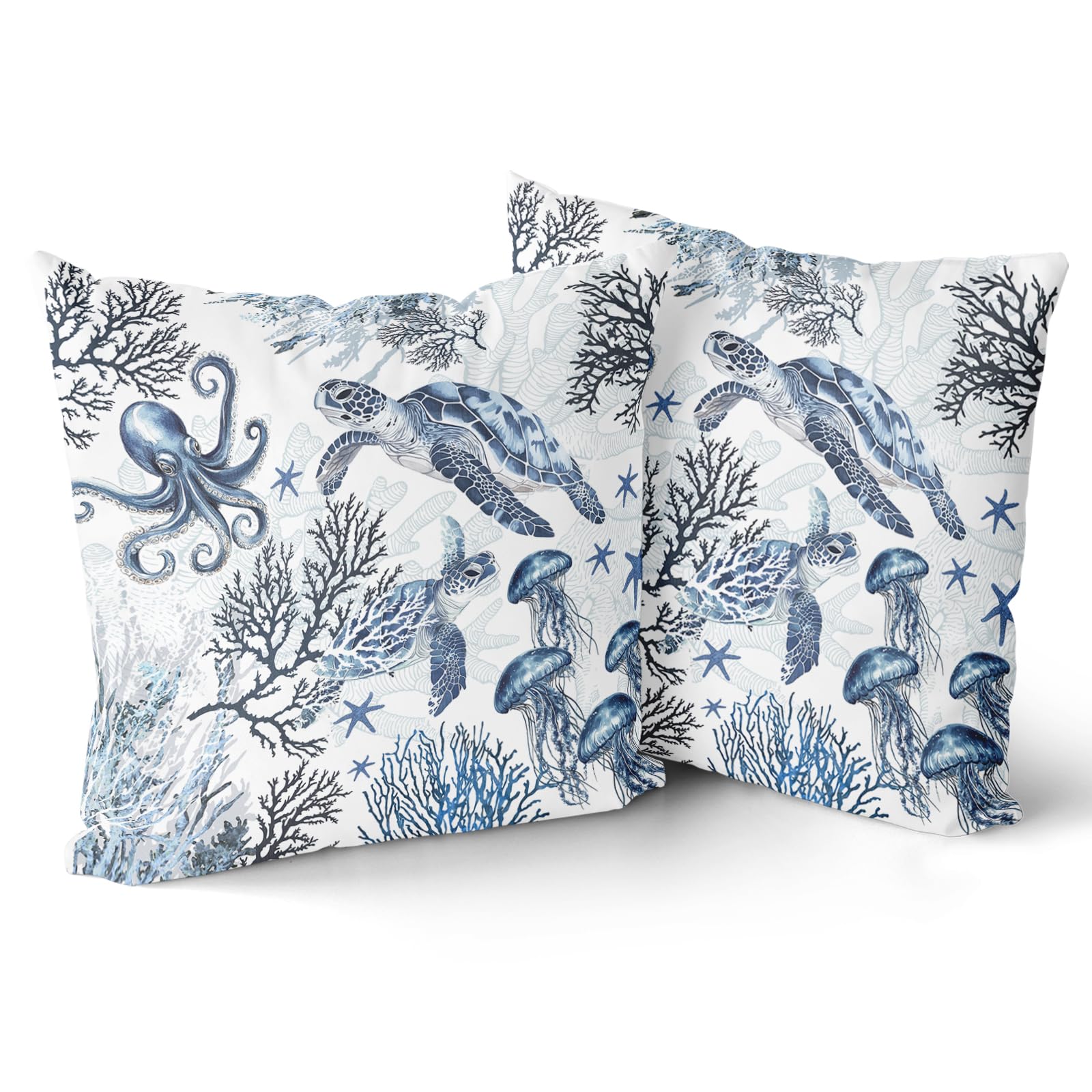 Giwawa Nautical Coastal Throw Pillow Covers Set of 2 Beach Themed Ocean Coral Sea Turtle Decorative Pillow Cases 18x18 Inch Blue White Cushion Cover