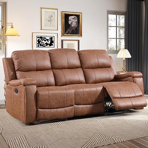 CANMOV Faux Leather Manual Reclining Sofa,3 Seat Recliner Couch Sofa with Overstuffed Arms and Back,Manual Recliner Sofa Set with Concealed Cup Holders for Living Room,Brown