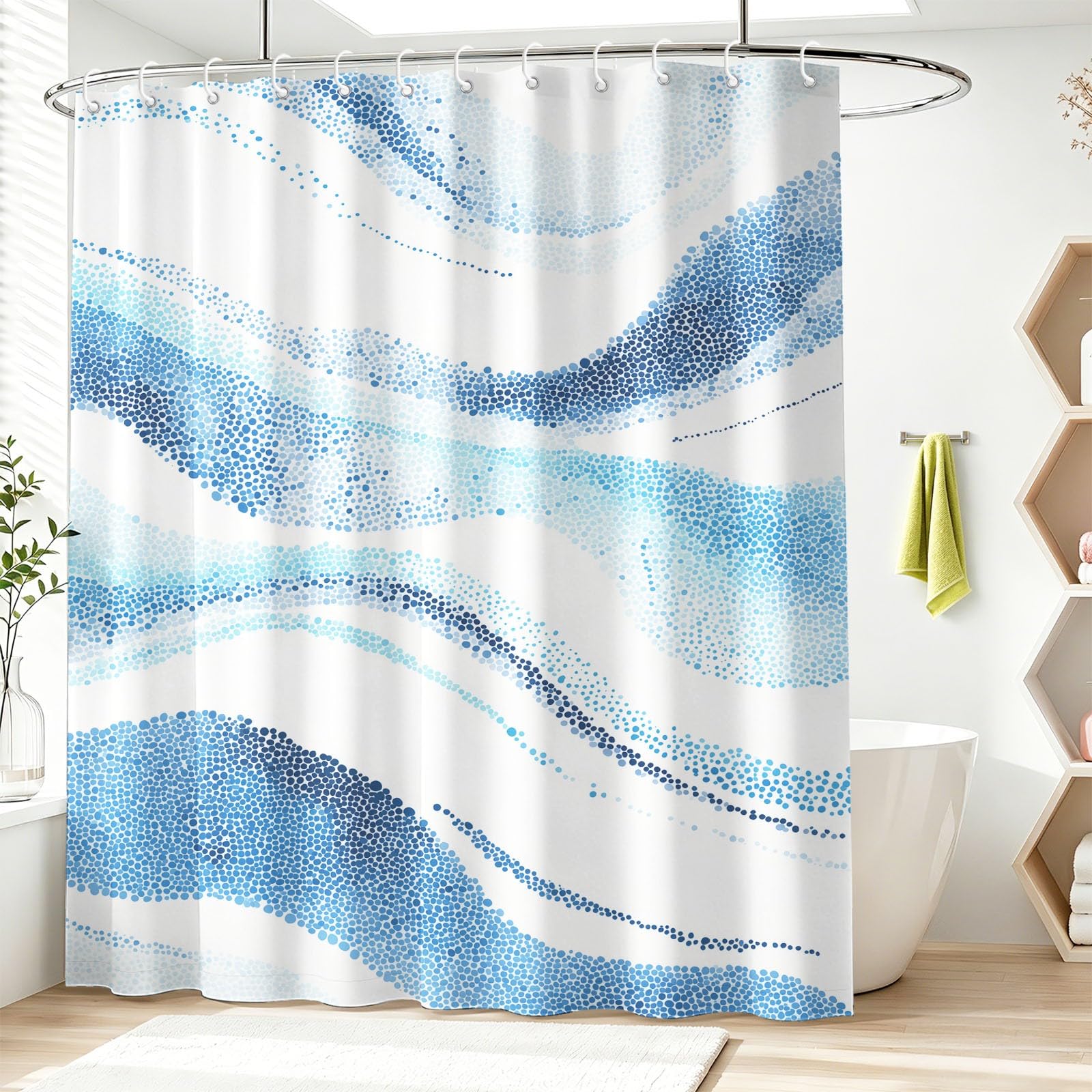 Rideau de Douche Moderne Minimaliste en Polyester imperméable et Lavable avec Crochets, 240 x 200 cm, Rideau de Salle de Bain Abstrait Frais Été Pois Fluide Vagues pour Salle de Bain