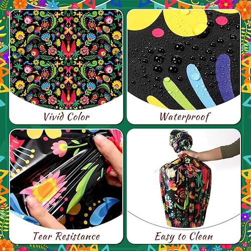 Miniatura 2 de Oudain 3 manteles redondos desechables de 84 pulgadas de plástico para fiesta mexicana, mantel floral para fiesta de Cinco de Mayo, suministros de