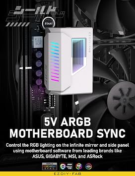 EZDIY-FAB Shield 24-Pin Angle Adapter with Infinity Mirror ARGB Light,ATX 24 Pin Power Connector, 5V 3pin ARGB Sync-180 Degree-White-1 Pack