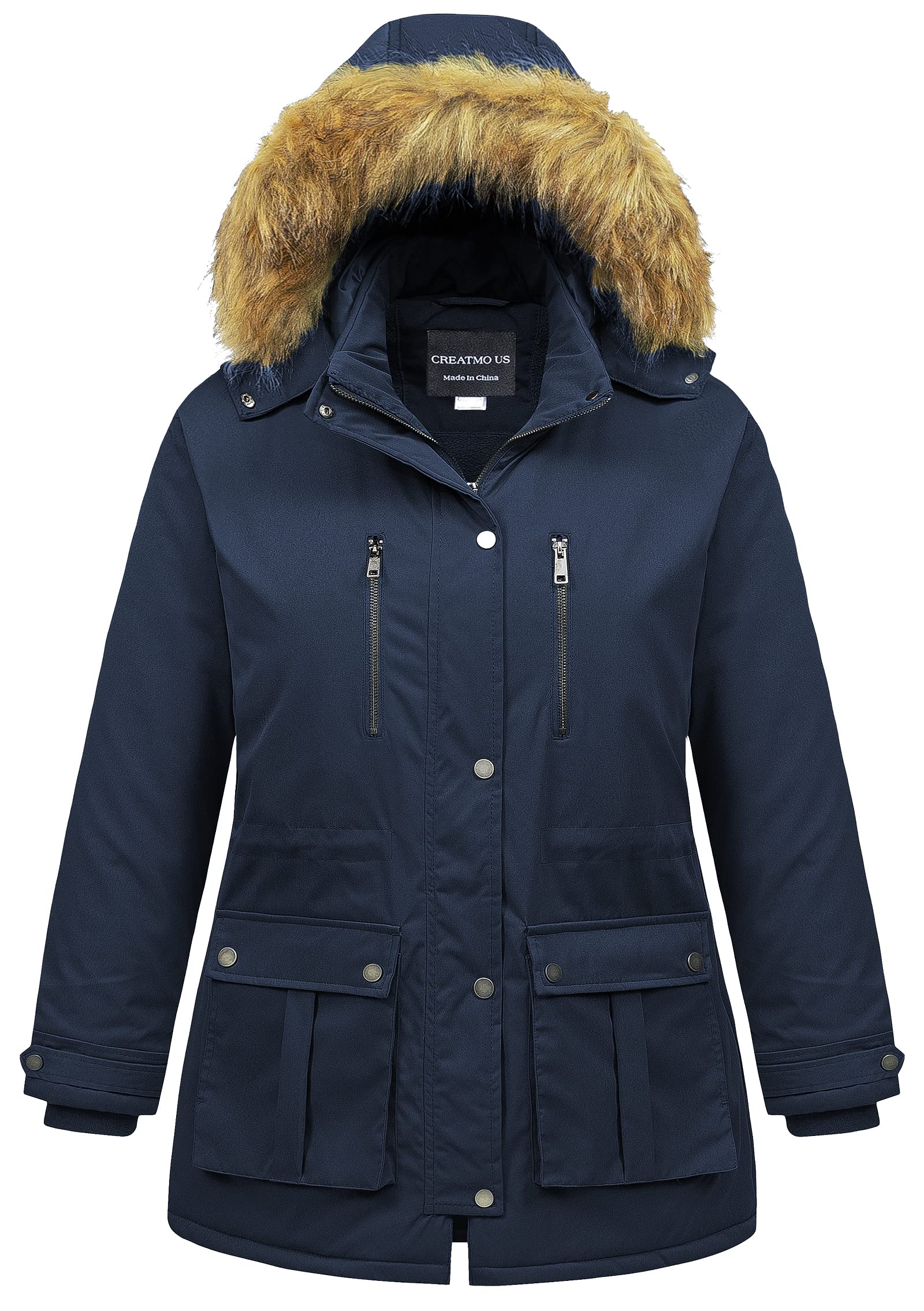 CREATMO US Womens Plus Size Winter Coat Waterproof Long Puffer Jacket Warm Military Thicken Parka with Fur Hood