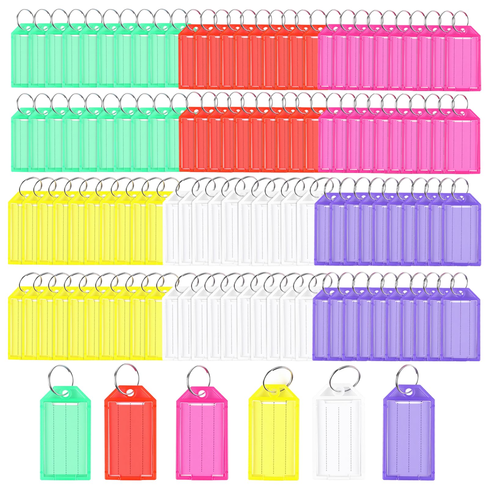 SENJEOK 120 PCS Plastic Coloured Key Tags with Split Rings, Label Window 6 Assorted Colors Key Ring Tags for Home, Office, Luggage Identification