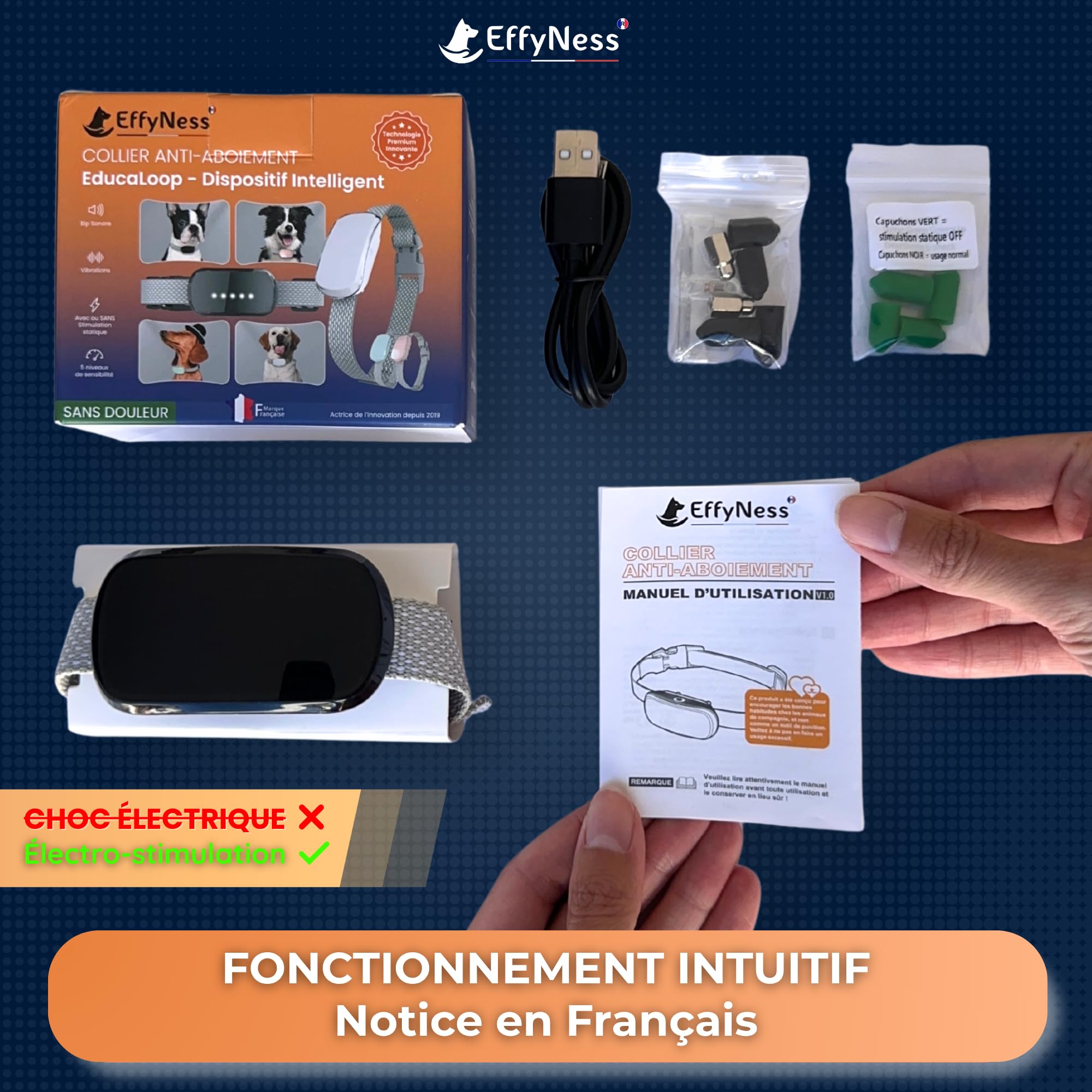 Collier Anti Aboiement Chien - Innovation 2025 : résultat Stop immédiat - Dressage Automatique - Réglable - 5 Niveaux - Rechargeable - électro-Stimulation Douce - Petits et Gros Chiens - EducaLoop