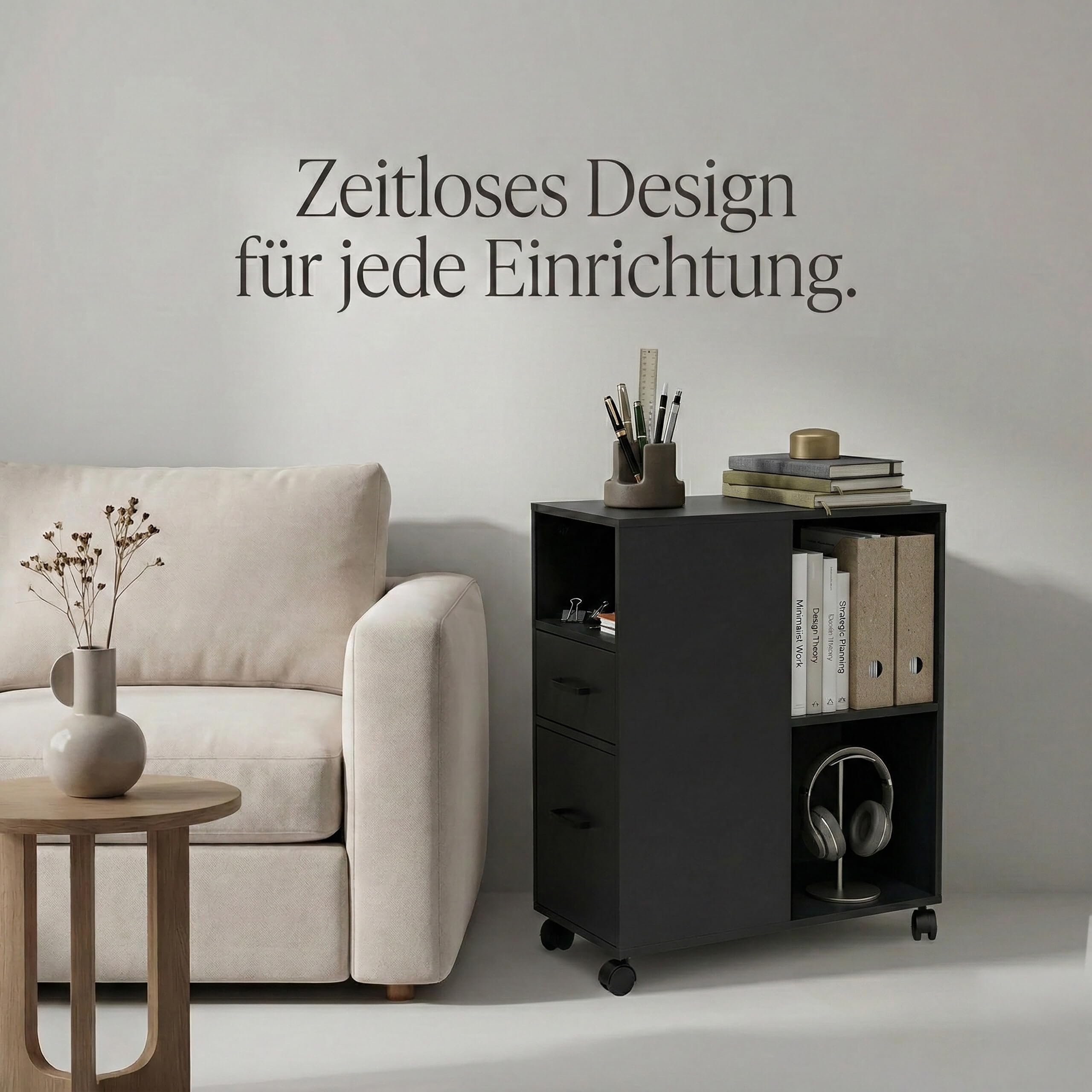 Relaxdays Rollcontainer, 2 Schubladen, 3 Fächer, HxBxT: 65 x 30 x 60 cm, MDF, Büro Unterschrank, Aktenschrank, schwarz
