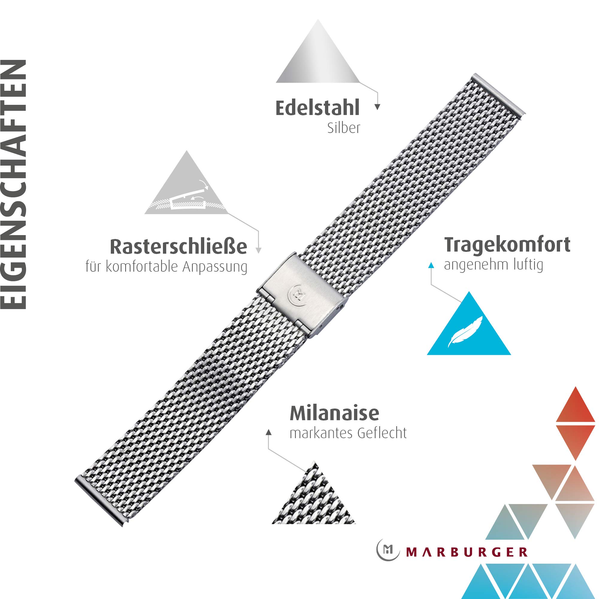 MARBURGER Uhrenarmband 20mm Edelstahl Silber - Werkzeug Montage Set 84907200020