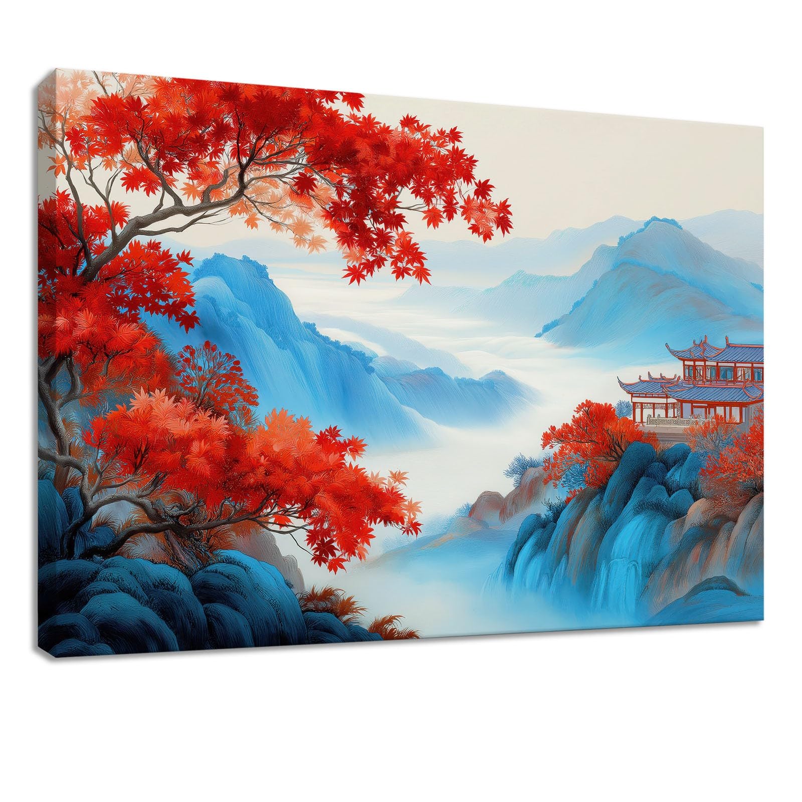 Obraz ścienny orientalny chiński obraz na płótnie - 90 x 60 cm, druk na płótnie z klonem, górskim krajobrazem, oprawiona sztuka ścienna do salonu i sypialni, dekoracja ścienna, niebieski