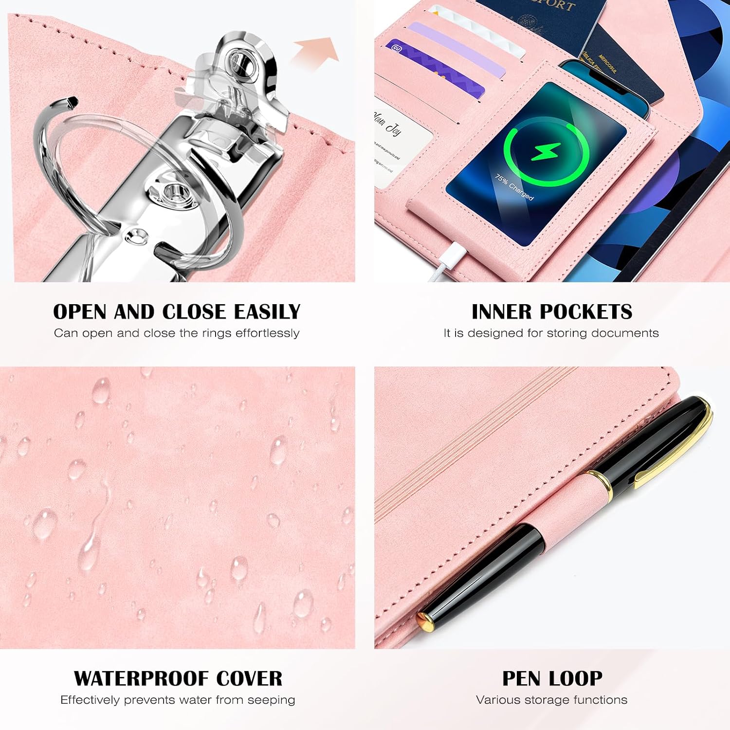 Ospelelf Leather 3 Ring Binder for Letter Size Documents with PVC Pocketed Dividers, Storage Bag & Notepad, 1 Inch Round Rings, Holds 175 Sheets, for Office School Home Organization, Flower Pink