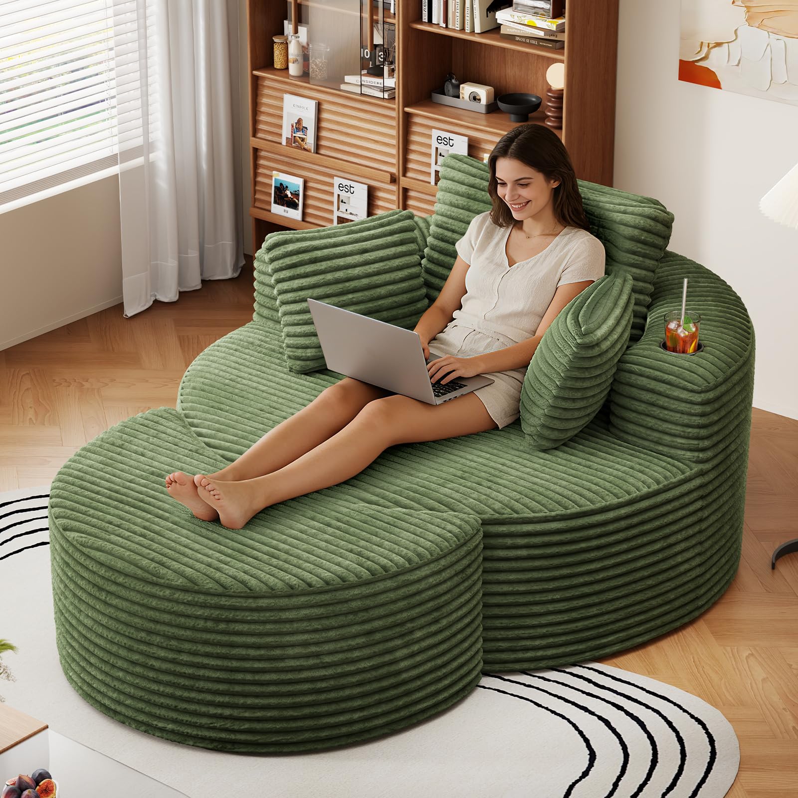 Oversized Round Chaise Longue Chair in Green Corduroy