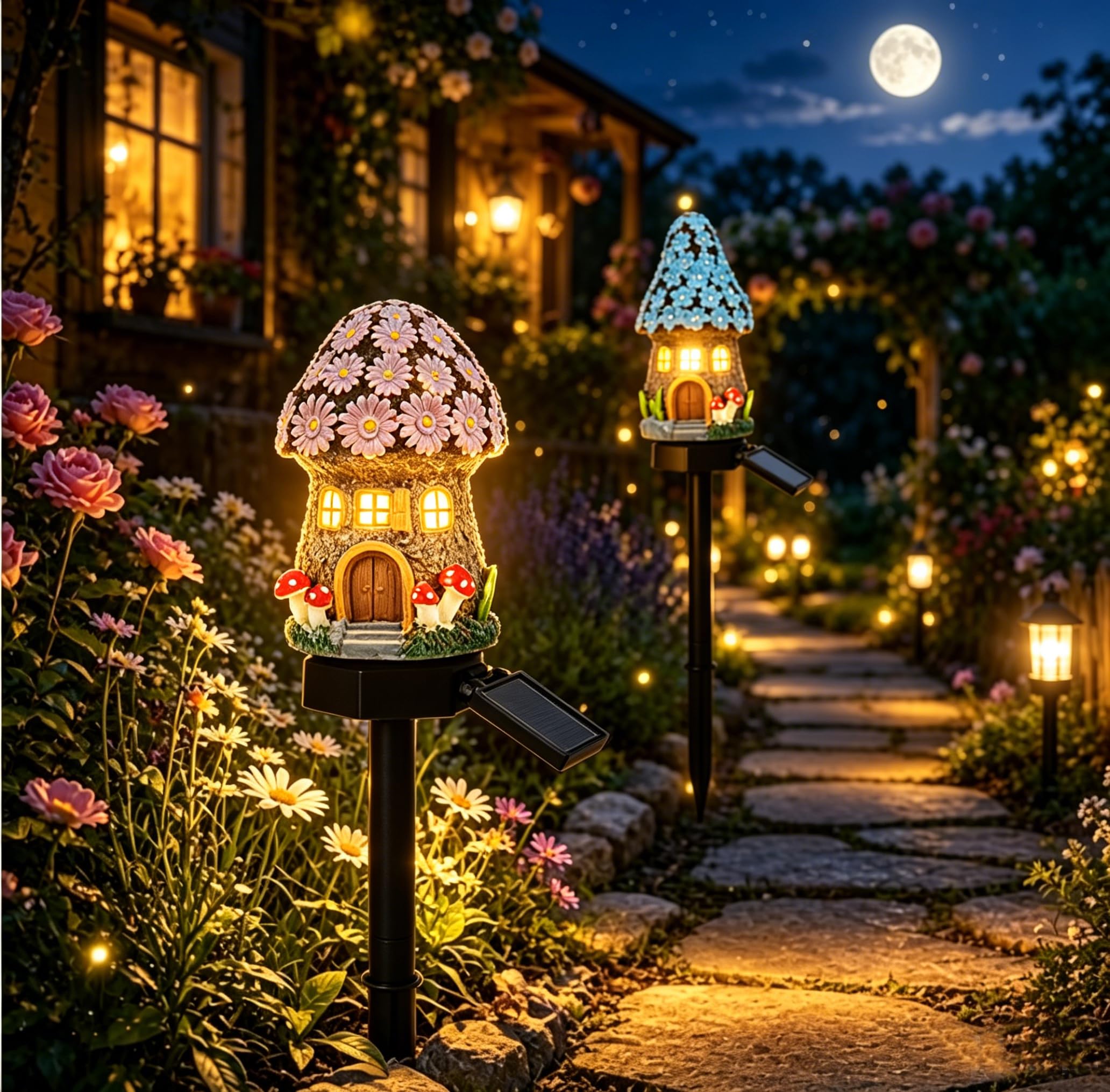Mushroom Solar Lights Outdoor, Solar Powered Fairy House Garden Decor, Waterproof LED Landscape Pathway Lamp for Yard Patio Lawn