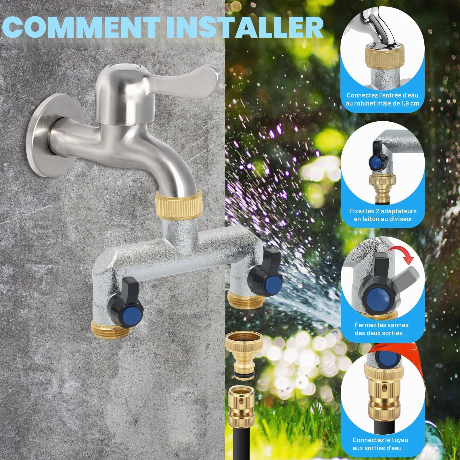 Robinet Distributeur 2 Voies, Adaptateur de Tuyau D'arrosage 3/4, Distributeur D'eau à 2 Voies de avec à Boisseau Sphérique, Vanne 2 Voies Distributeu D'eau Les systèmes d'irrigation