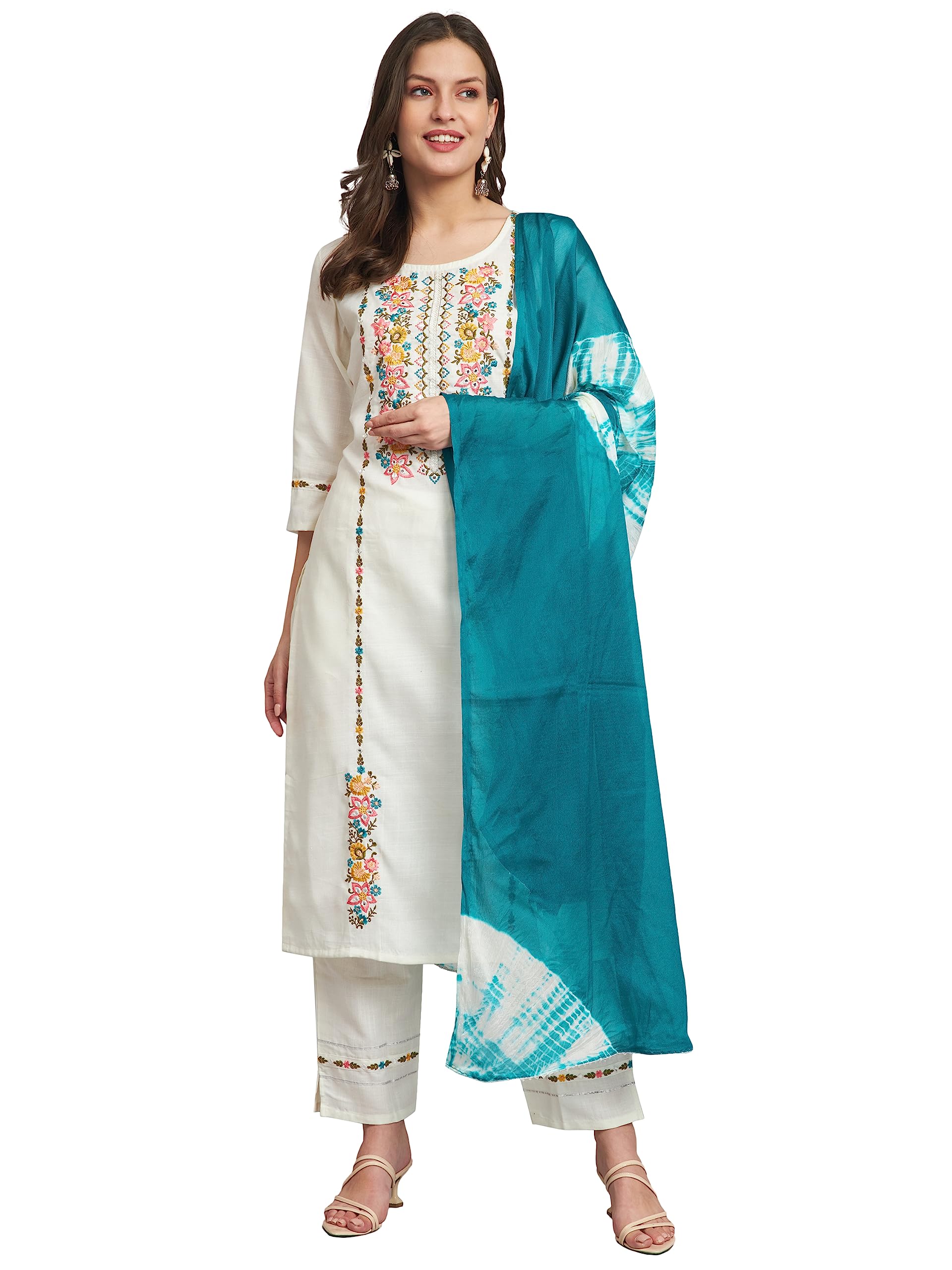 VredeVogel Women's Cotton Blend Kurta Pant Set with Chanderi Silk Dupatta