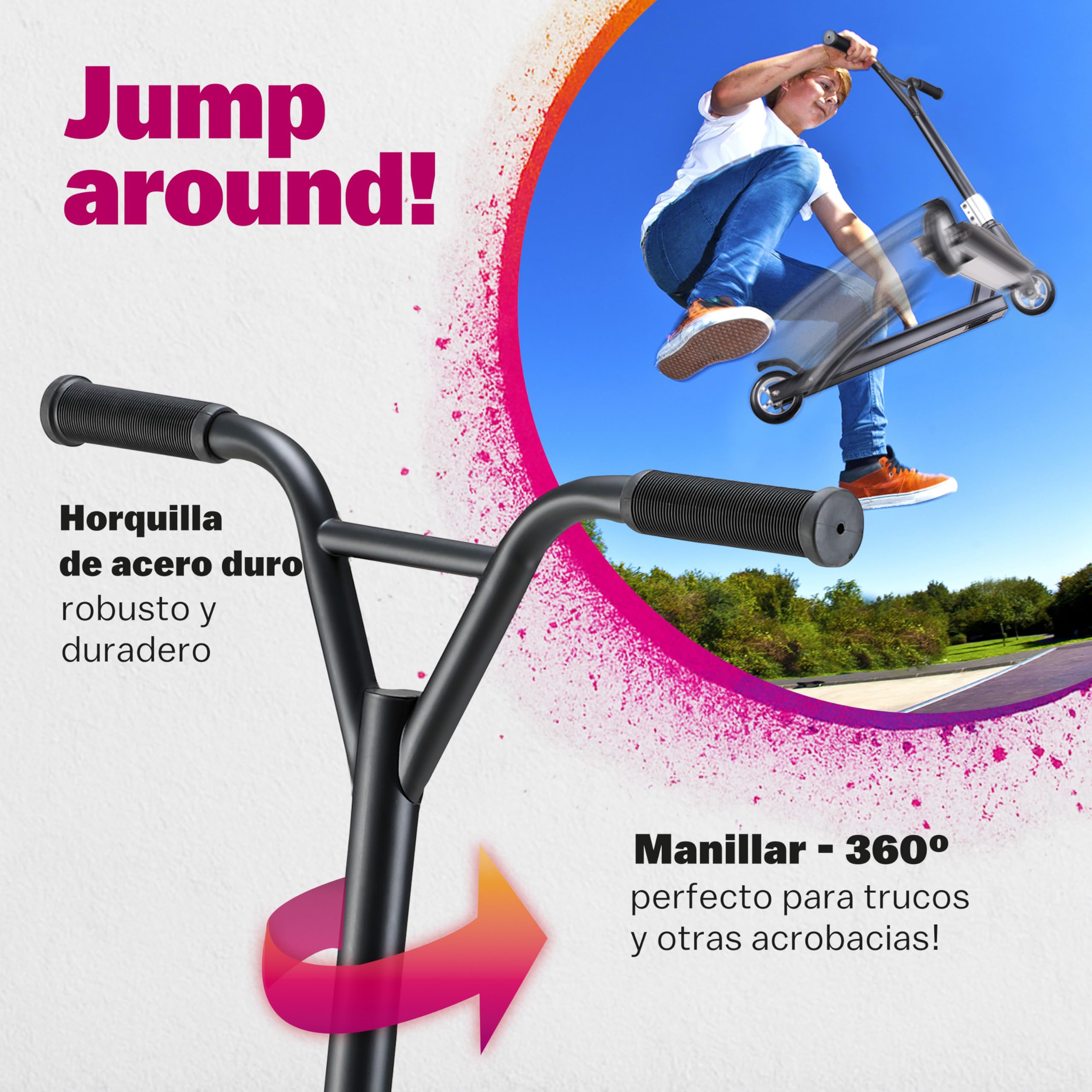 Patinete de Acrobacias Ruedas PU 100mm Manillar Y 360° Capacidad 100KG Rodamientos ABEC 9 Scooter Adultos y Niños