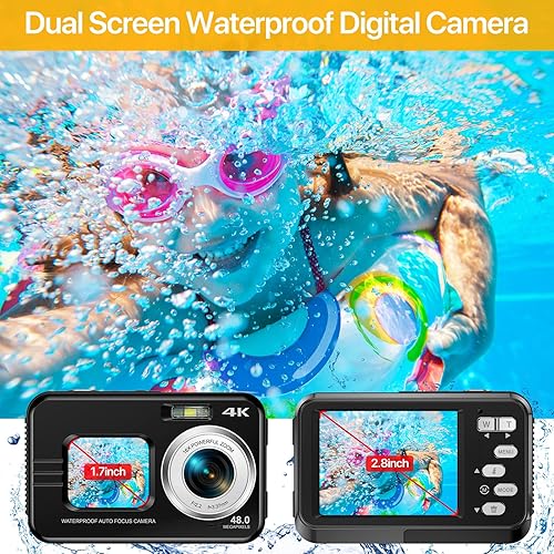 Miniatura 2 de Cámaras submarinas, cámara digital impermeable 4K 48 MP grabadora de video selfie doble pantalla con zoom digital 16X compacta portátil cámara
