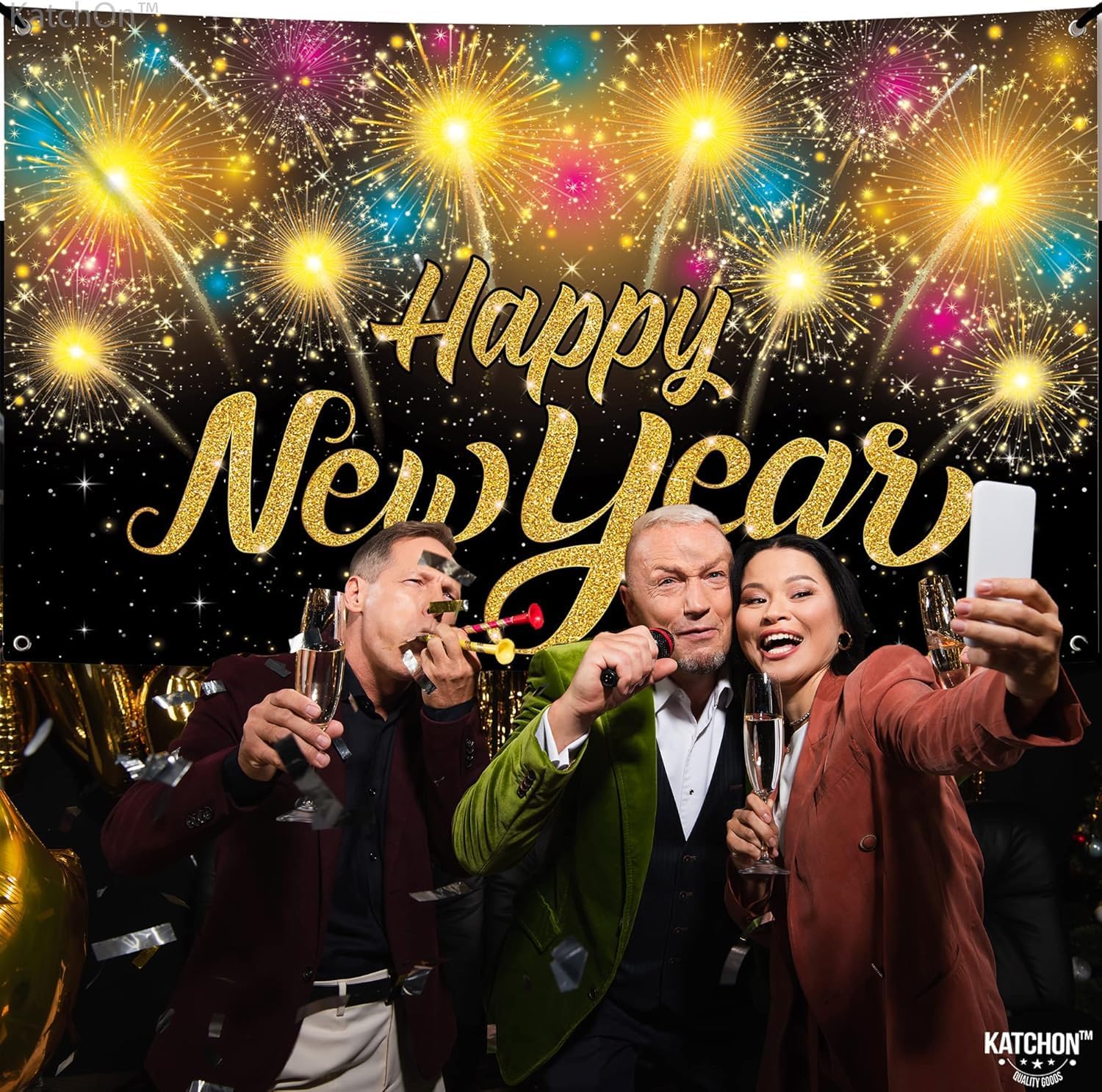KatchOn, XtraLarge Happy New Year Banner - 72x44 Inch | Happy New Year Backdrop for New Years Decorations 2026 | NYE Eve Banner for NYE Decorations 2026 | New Years Eve Party Supplies 2026