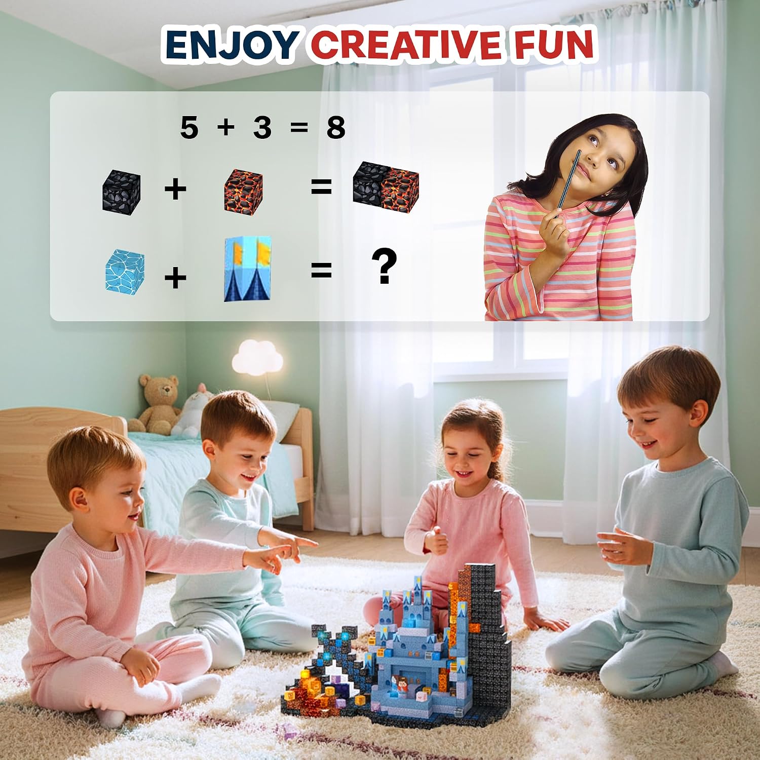 200 PCS Light Up Magnetic Building Blocks for Kids, Blue Castle Building Blocks, STEM Stacking Toys, Magnetic Cubes, Creative Construction Magnet Blocks, Educational Toy Ages 3+ image 4