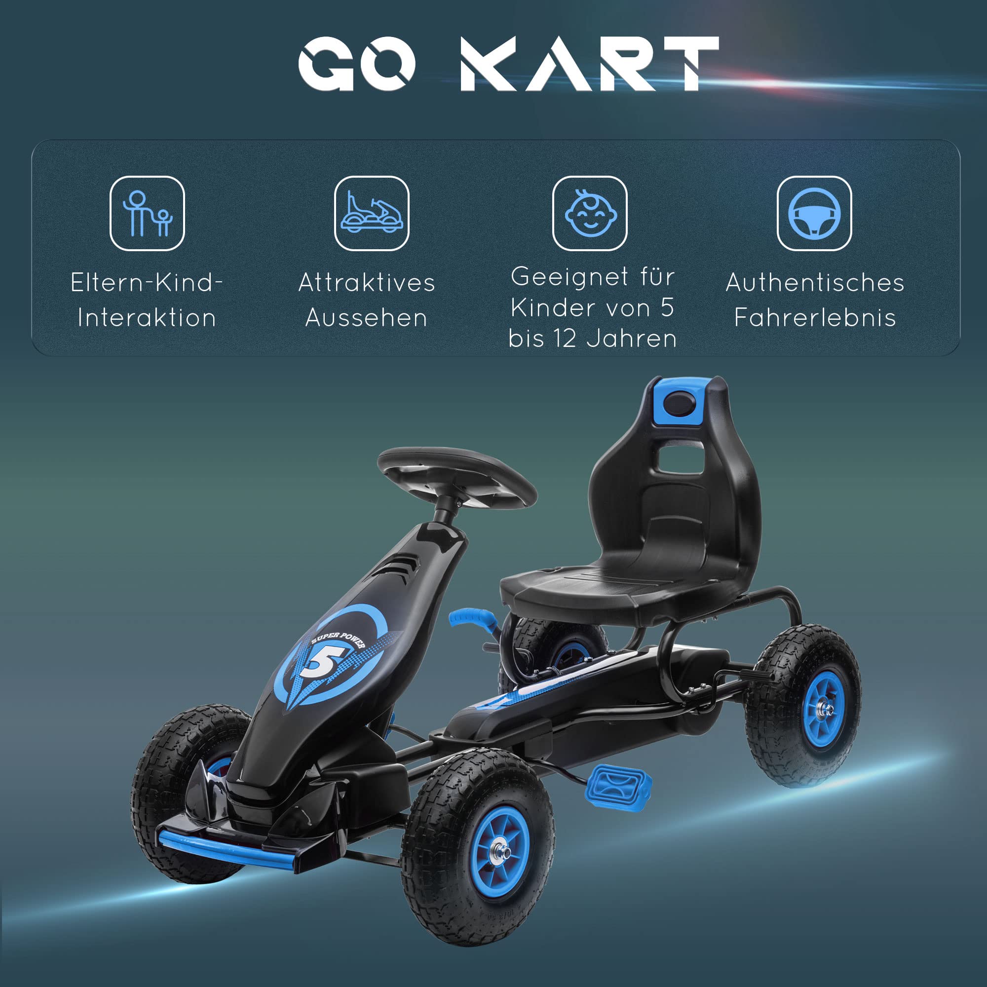 HOMCOM Gokart, Kinderfahrzeug mit 3-stufigen verstellbarem Sitz, Tretfahrzeug mit Gummireifen, Pedal und Handbremse, Kettcar für 5-12 Jahre Kinder bis 50 kg, Outdoor, Blau