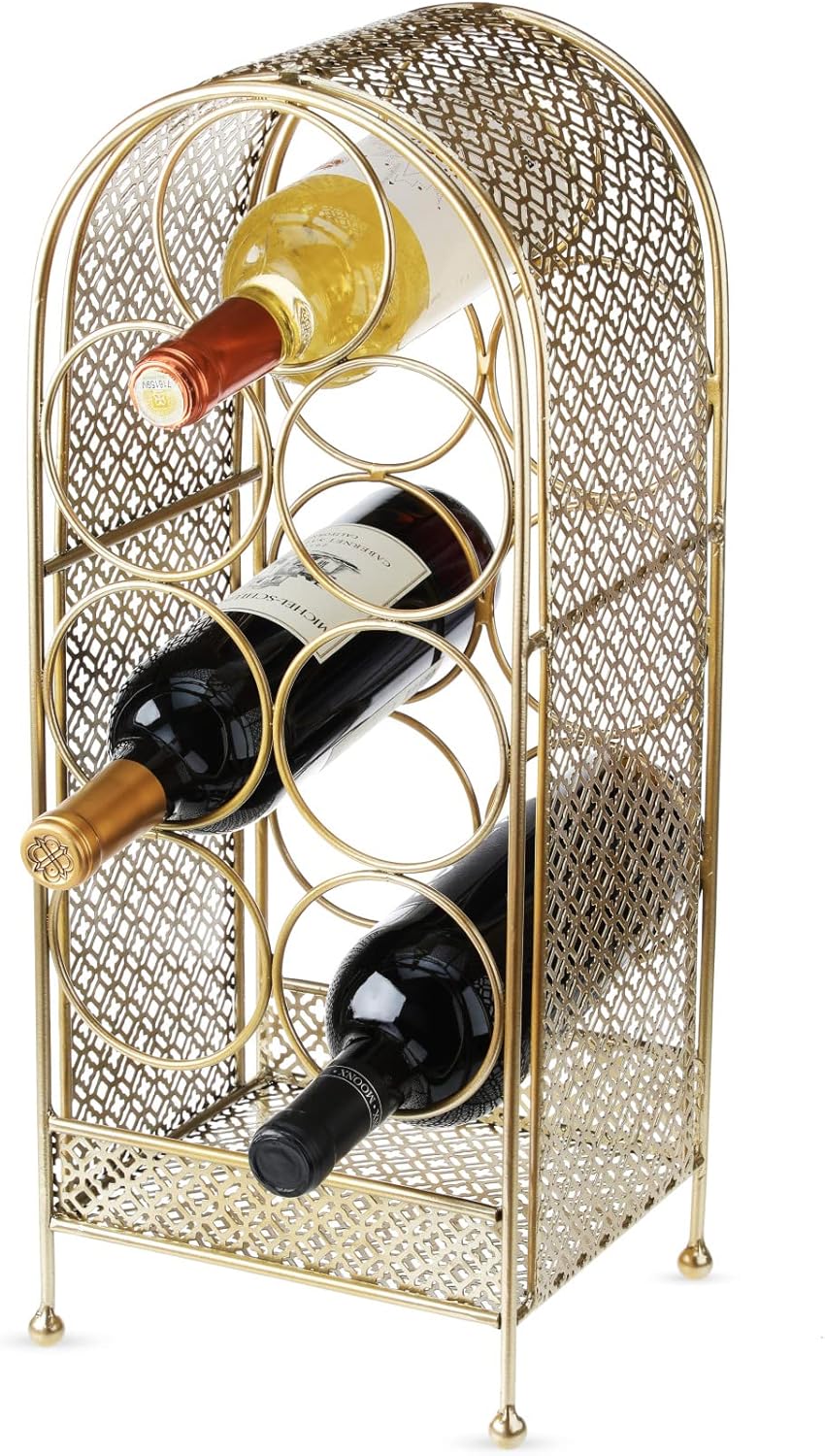 Twine Trellis Wine Rack, Holds 7 Bottles, Gold Countertop Wine Storage, Cast Iron
