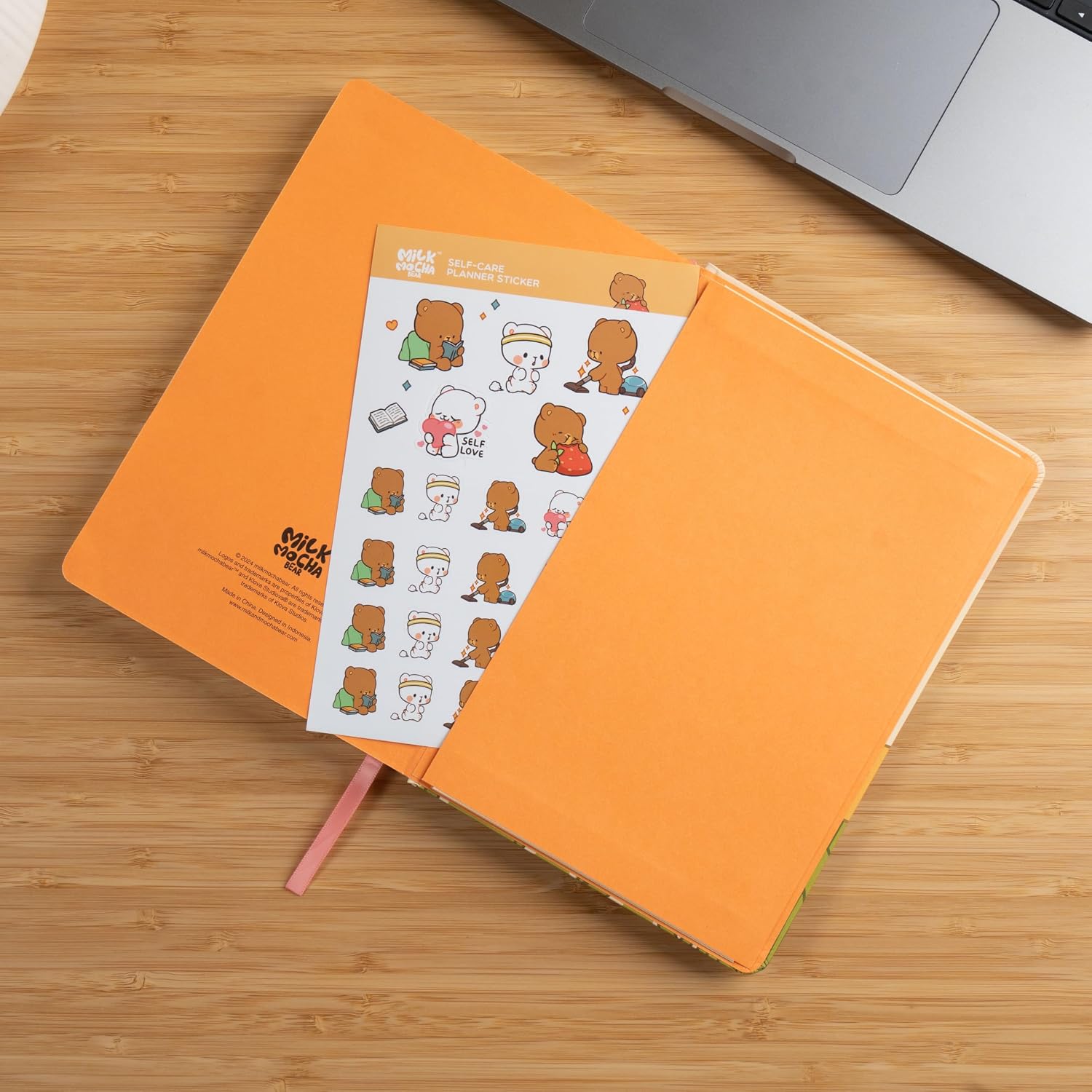 Milkmochabear Bee Happy Dot Grid Notebook in Orange Authentic Merchandise 5.75" x 8.25" x 0.6" Inches 100 Double-Sided Pages Hardcover with Band Ribbon Bookmark and Inside Pocket Cute Adorable      Office Product