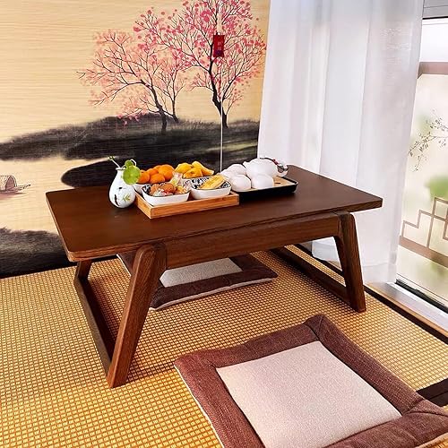 Miniatura 6 de QQXX Mesa auxiliar de madera natural, mesa de meditación rectangular, mesa de té japonesa, mesa baja rústica Chabudai para sentarse en el suelo,