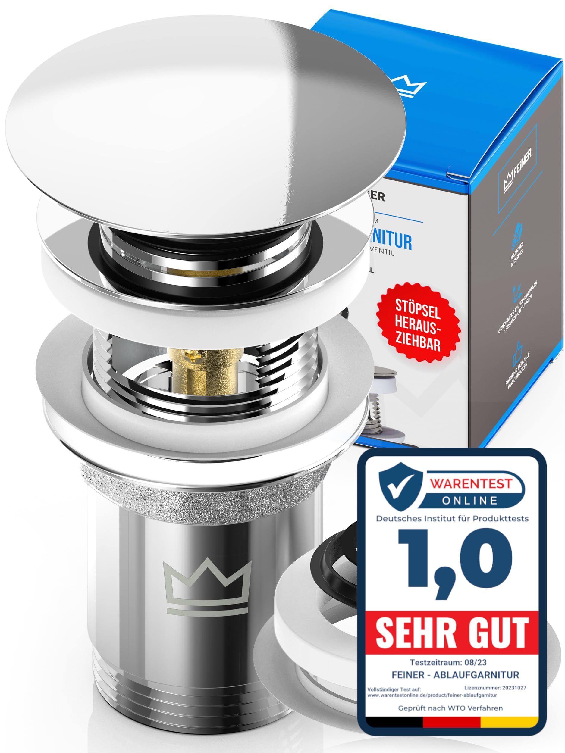 FEINER® Universal Waschbecken Ablaufgarnitur – Passend für Waschbecken & Waschtische mit und ohne Überlauf, Stöpsel herausziehbar mit Haarfänger, inklusive GRATIS Ersatzdichtungen & Einbauanleitung
